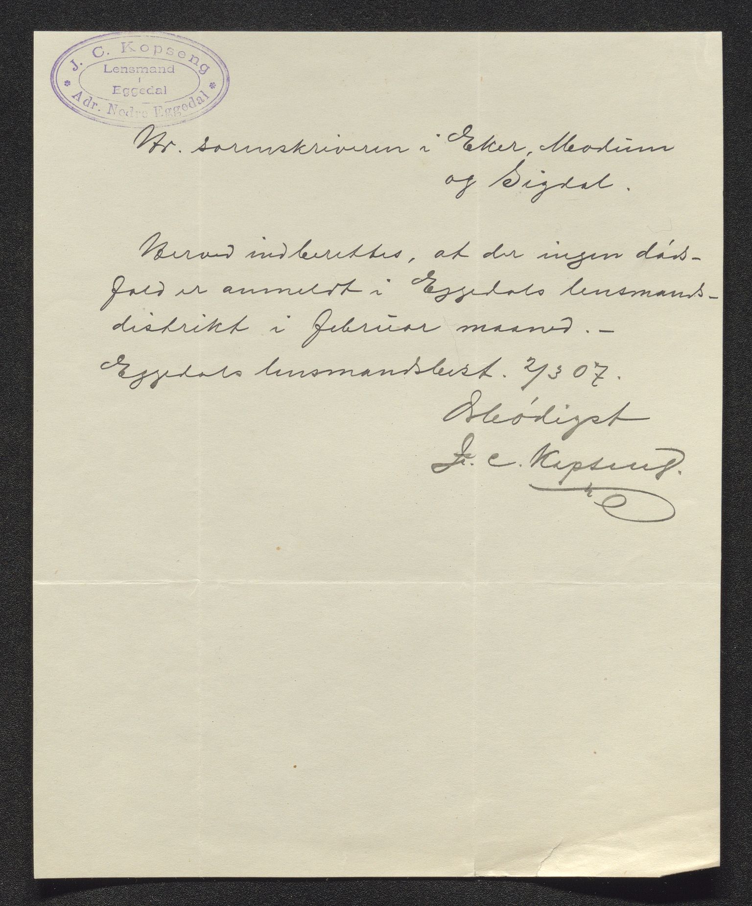 Eiker, Modum og Sigdal sorenskriveri, SAKO/A-123/H/Ha/Hab/L0032: Dødsfallsmeldinger, 1907-1908, s. 356