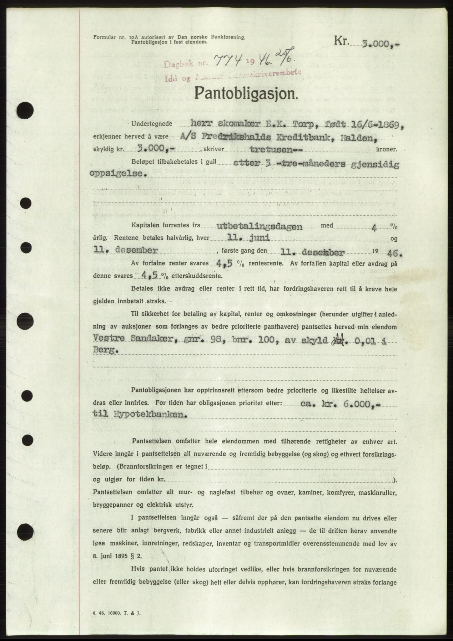 Idd og Marker sorenskriveri, SAO/A-10283/G/Gb/Gbc/L0003: Pantebok nr. B4-9b, 1946-1946, Tingl.dato: 25.06.1946