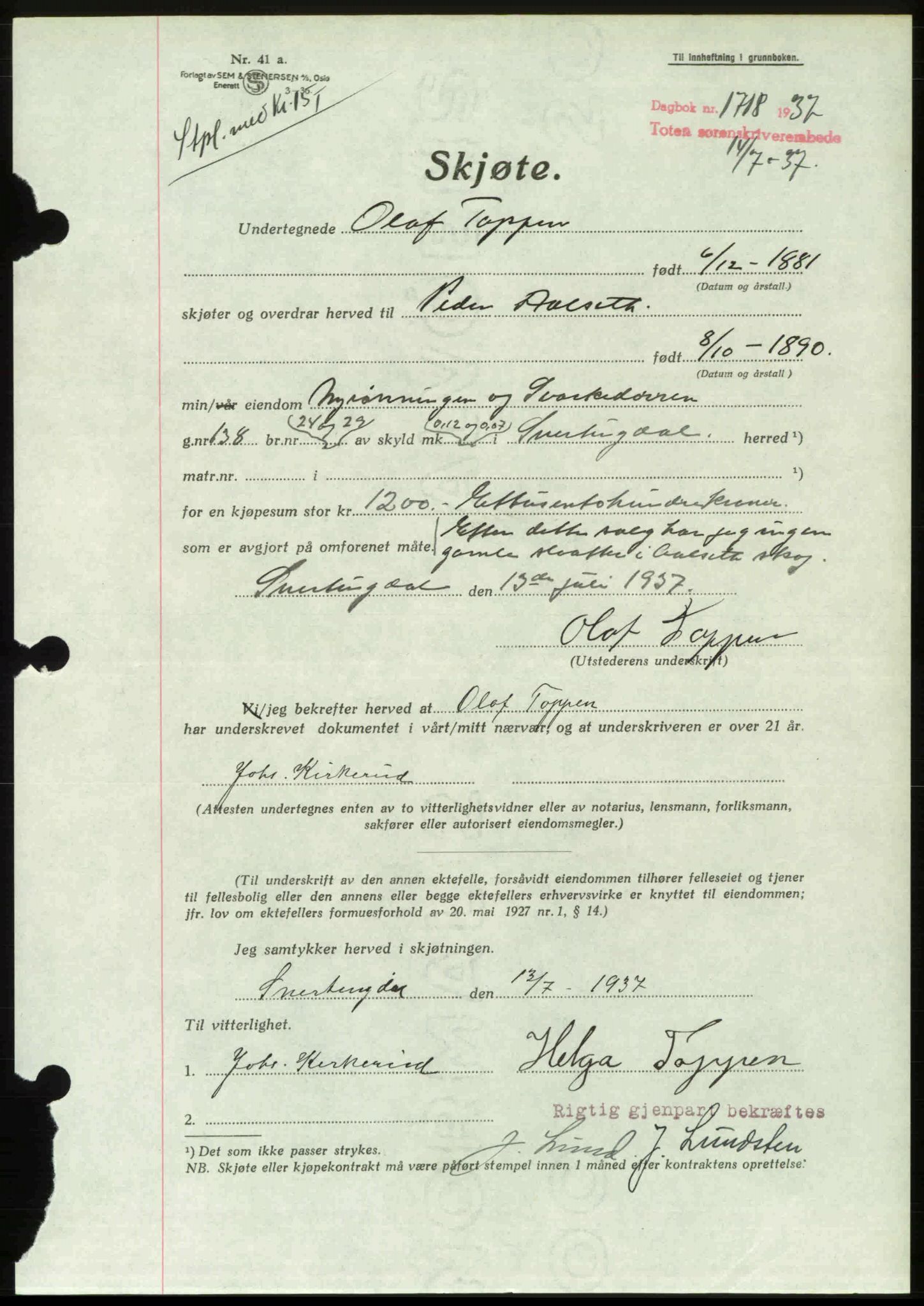 Toten tingrett, SAH/TING-006/H/Hb/Hbc/L0003: Pantebok nr. Hbc-03, 1937-1938, Dagboknr: 1718/1937