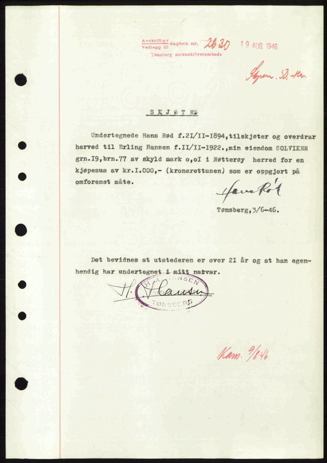 Tønsberg sorenskriveri, SAKO/A-130/G/Ga/Gaa/L0019: Pantebok nr. A19, 1946-1946, Dagboknr: 2630/1946