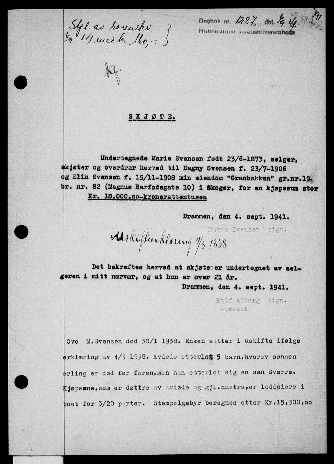 Holmestrand sorenskriveri, SAKO/A-67/G/Ga/Gaa/L0053: Pantebok nr. A-53, 1941-1941, Dagboknr: 1287/1941