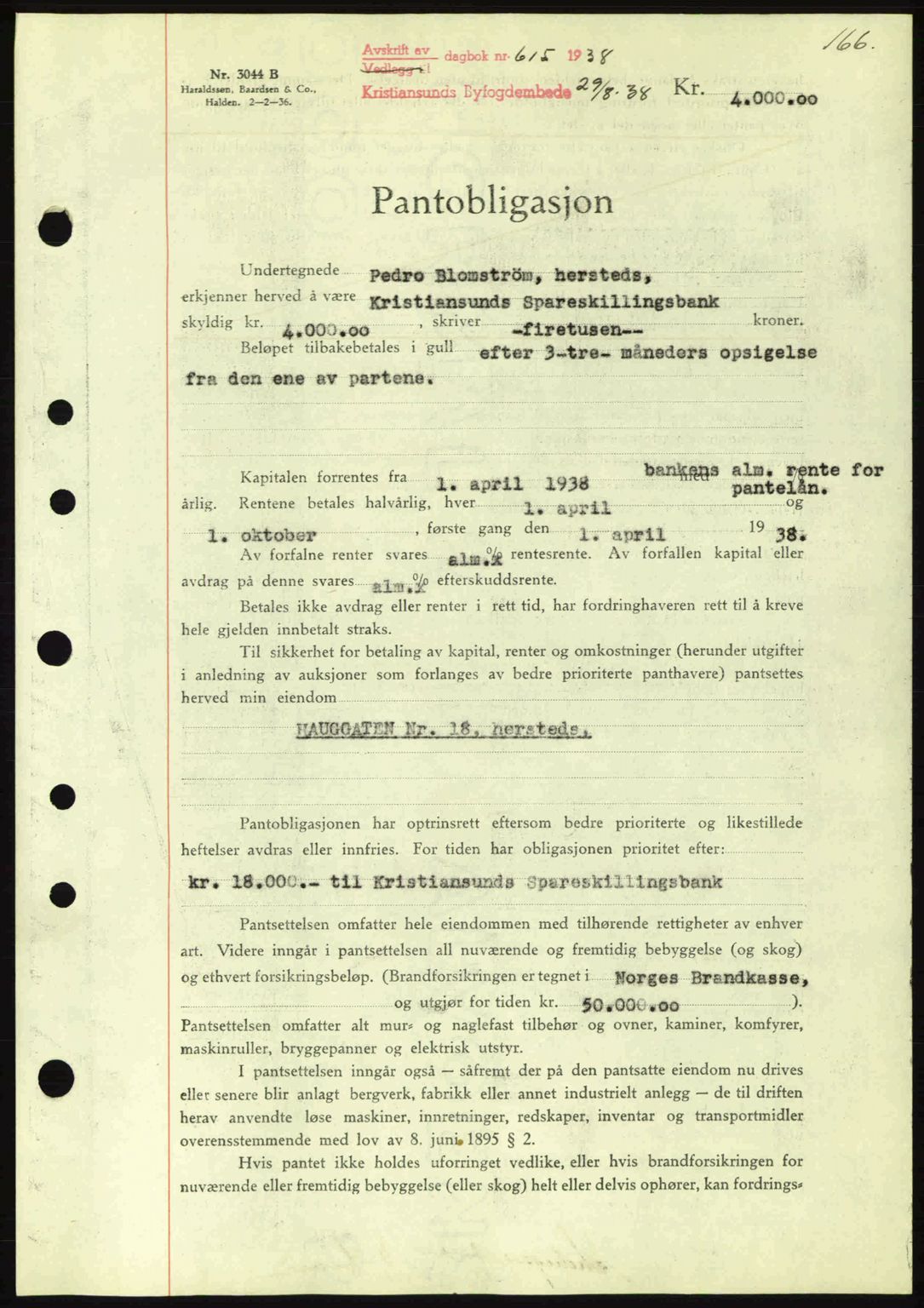 Kristiansund byfogd, SAT/A-4587/A/27: Pantebok nr. 31, 1938-1939, Dagboknr: 615/1938