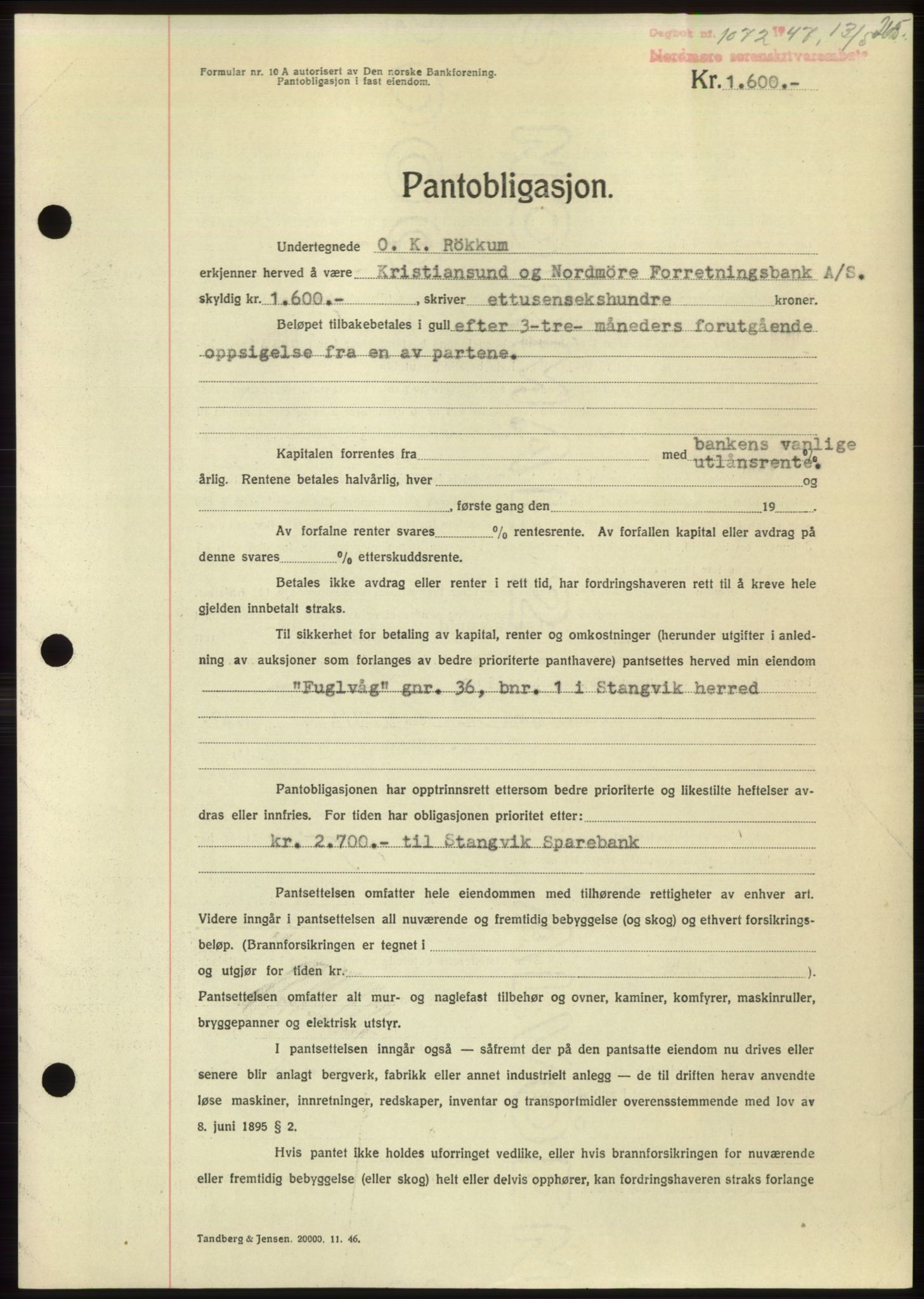 Nordmøre sorenskriveri, AV/SAT-A-4132/1/2/2Ca: Pantebok nr. B96, 1947-1947, Dagboknr: 1072/1947