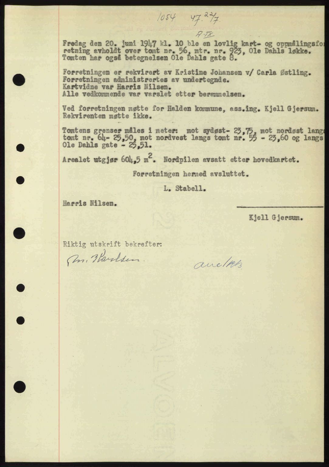 Idd og Marker sorenskriveri, SAO/A-10283/G/Gb/Gbb/L0009: Pantebok nr. A9, 1946-1947, Dagboknr: 1054/1947