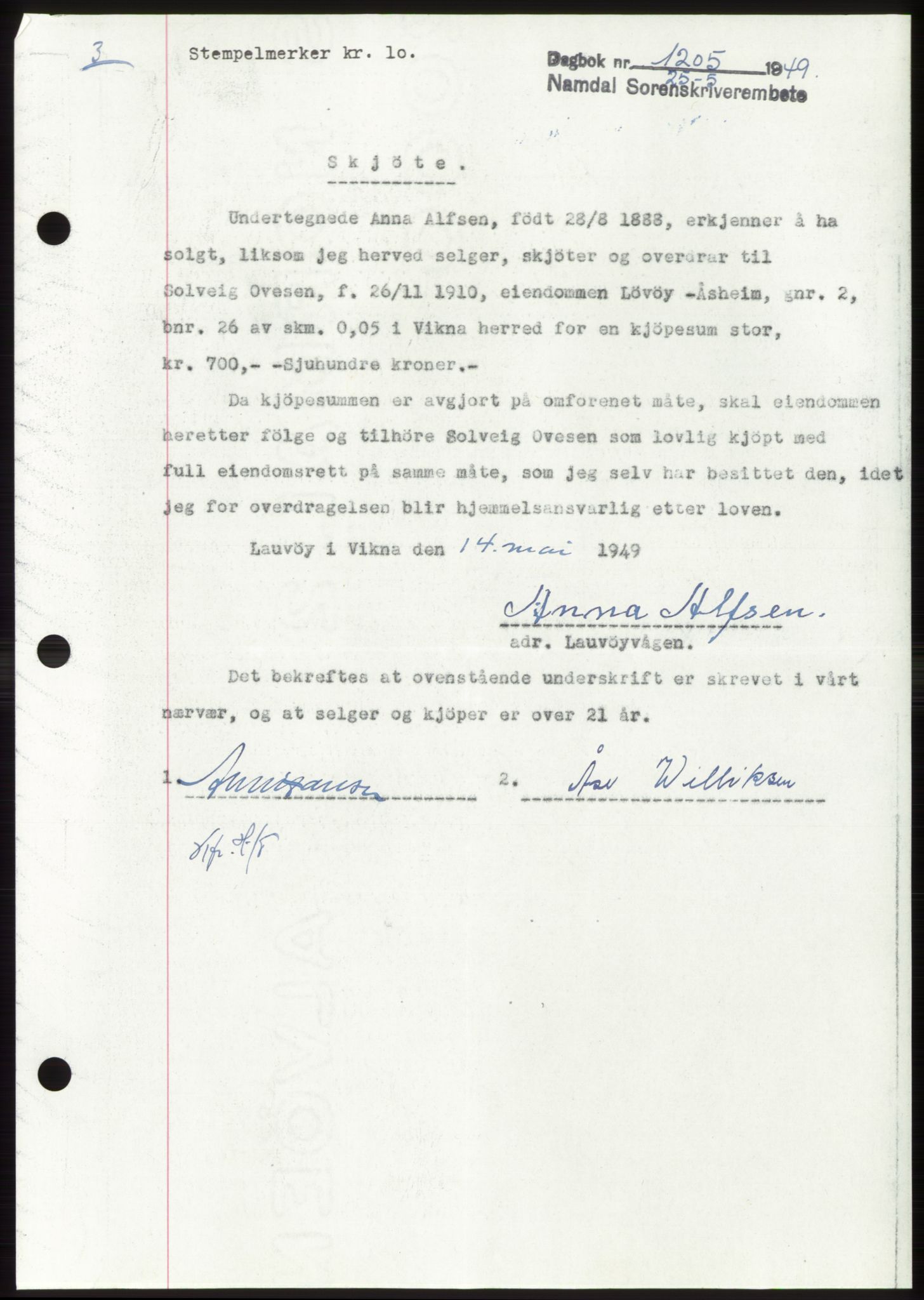 Namdal sorenskriveri, SAT/A-4133/1/2/2C: Pantebok nr. -, 1949-1949, Dagboknr: 1205/1949