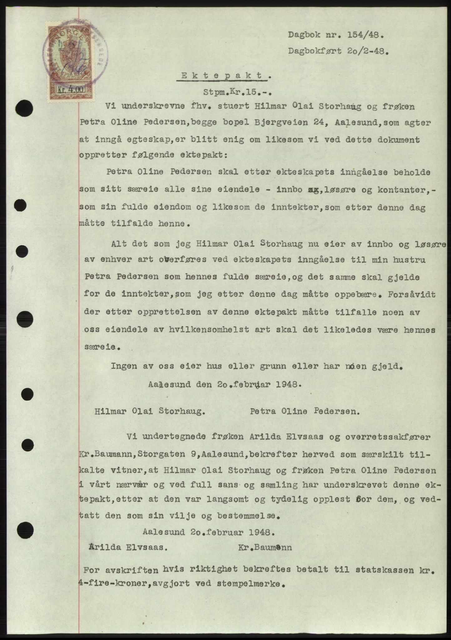 Ålesund byfogd, SAT/A-4384: Pantebok nr. B36-38, 1948-1950, Dagboknr: 154/1948