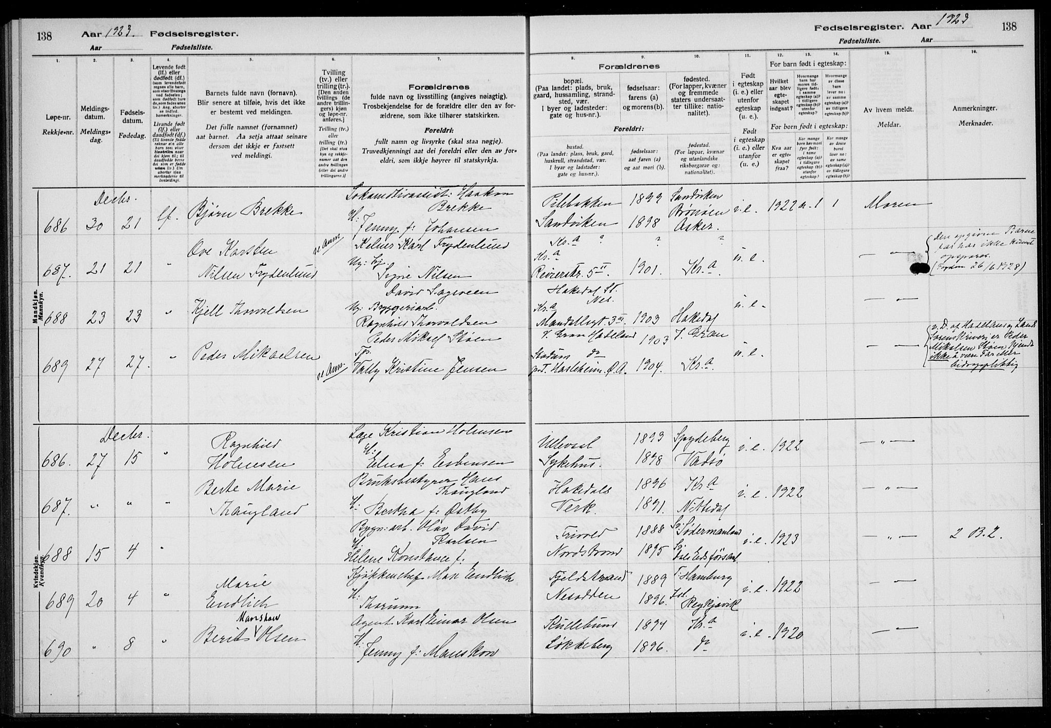 Rikshospitalet prestekontor Kirkebøker, AV/SAO-A-10309b/J/L0008: Fødselsregister nr. 8, 1923-1923, s. 138