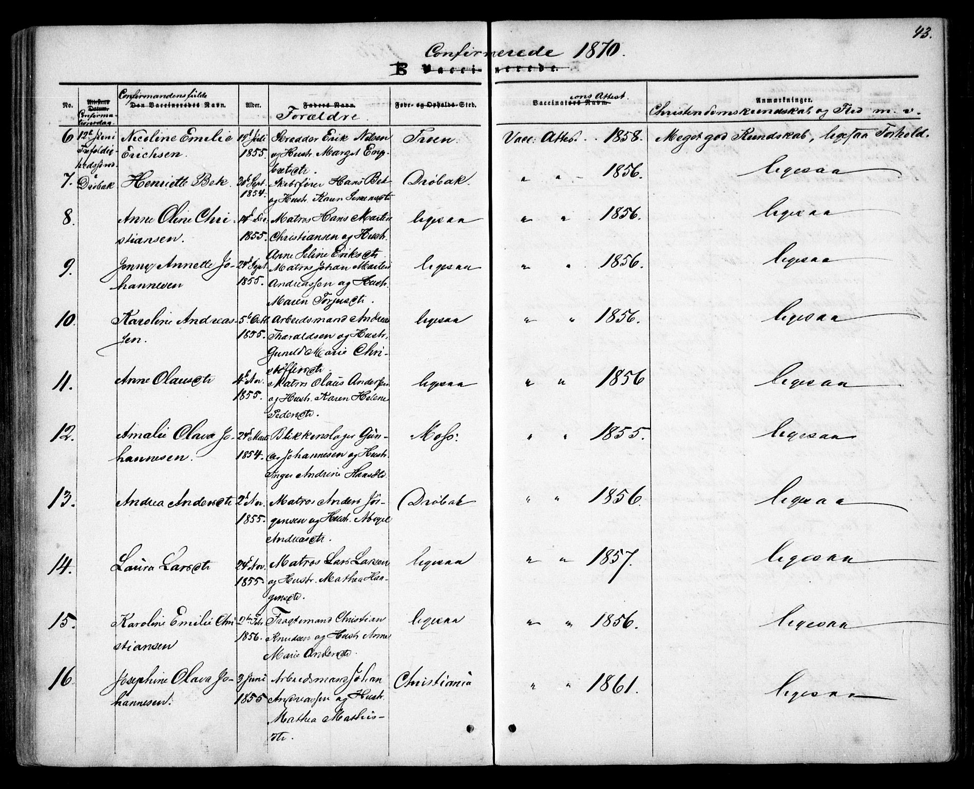 Drøbak prestekontor Kirkebøker, AV/SAO-A-10142a/F/Fa/L0002: Ministerialbok nr. I 2, 1858-1870, s. 43