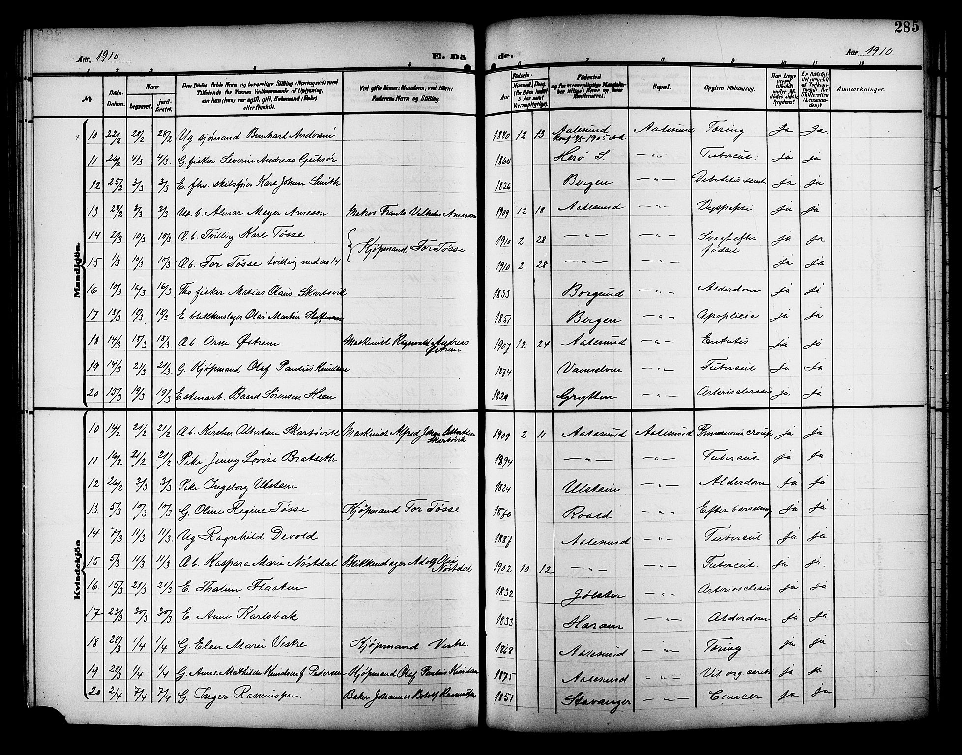 Ministerialprotokoller, klokkerbøker og fødselsregistre - Møre og Romsdal, SAT/A-1454/529/L0470: Klokkerbok nr. 529C07, 1907-1917, s. 285