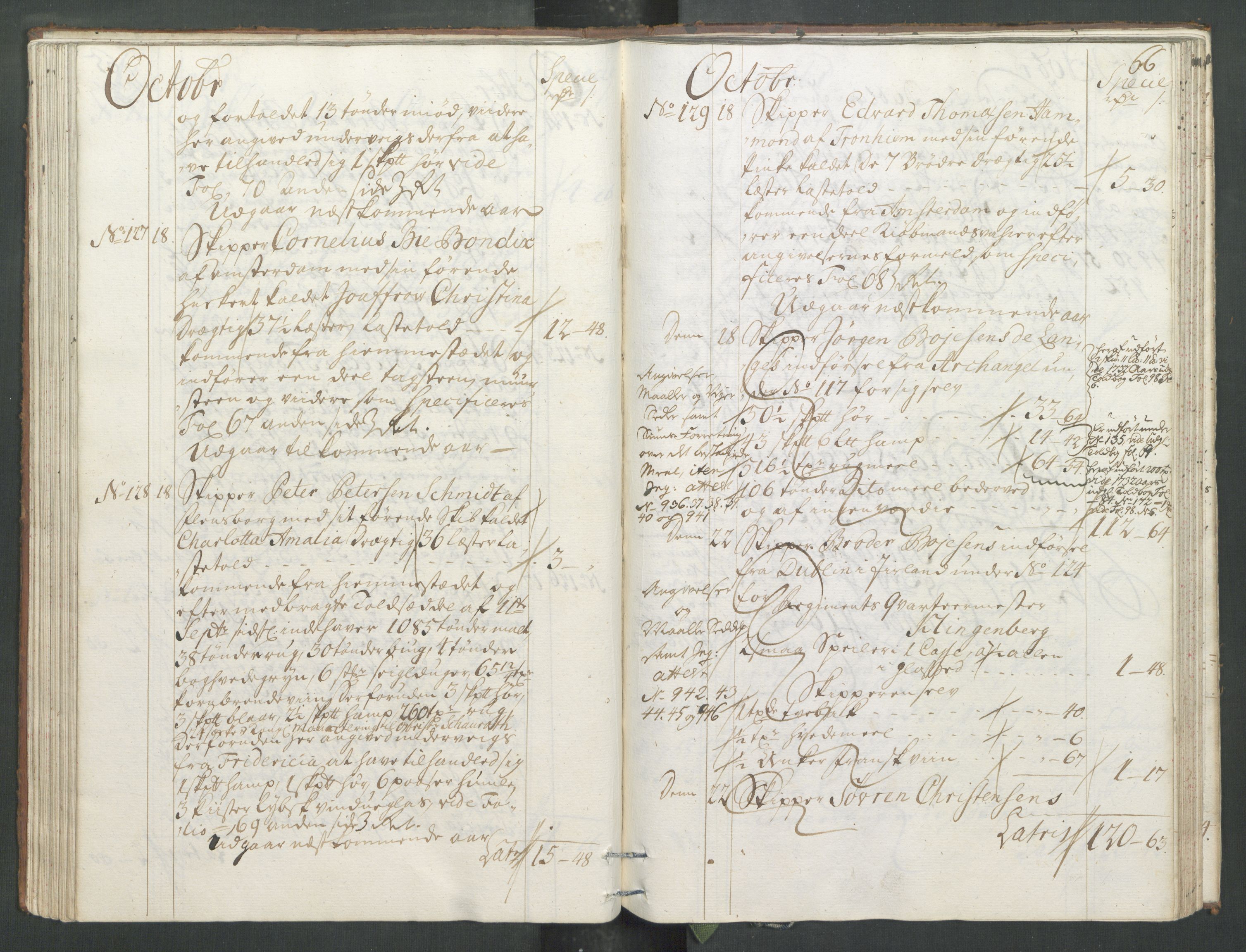 Generaltollkammeret, tollregnskaper, AV/RA-EA-5490/R33/L0013/0001: Tollregnskaper Trondheim A / Inngående tollbok, 1731, s. 65b-66a