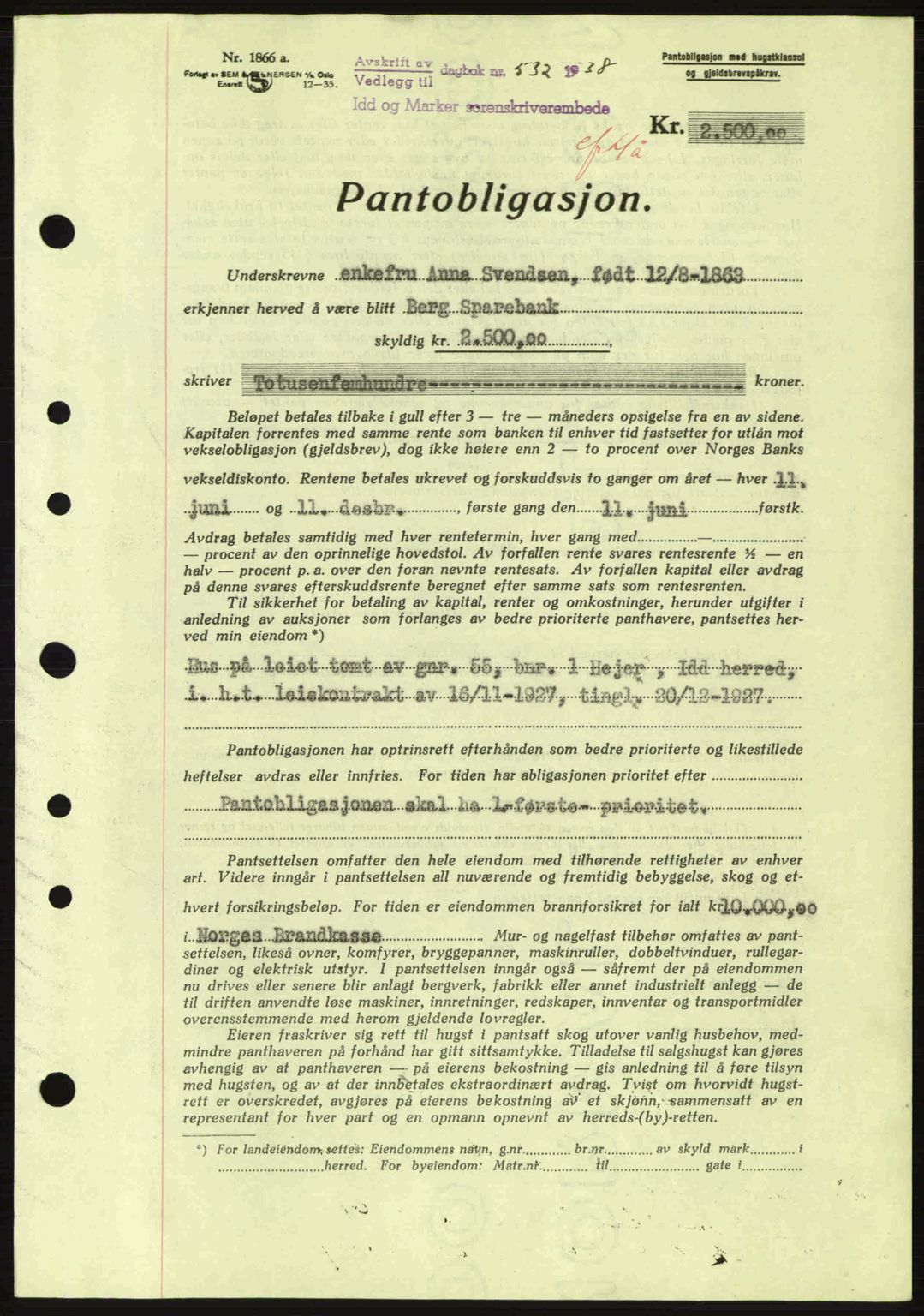 Idd og Marker sorenskriveri, AV/SAO-A-10283/G/Gb/Gbc/L0001: Pantebok nr. B1-3, 1936-1939, Dagboknr: 532/1938