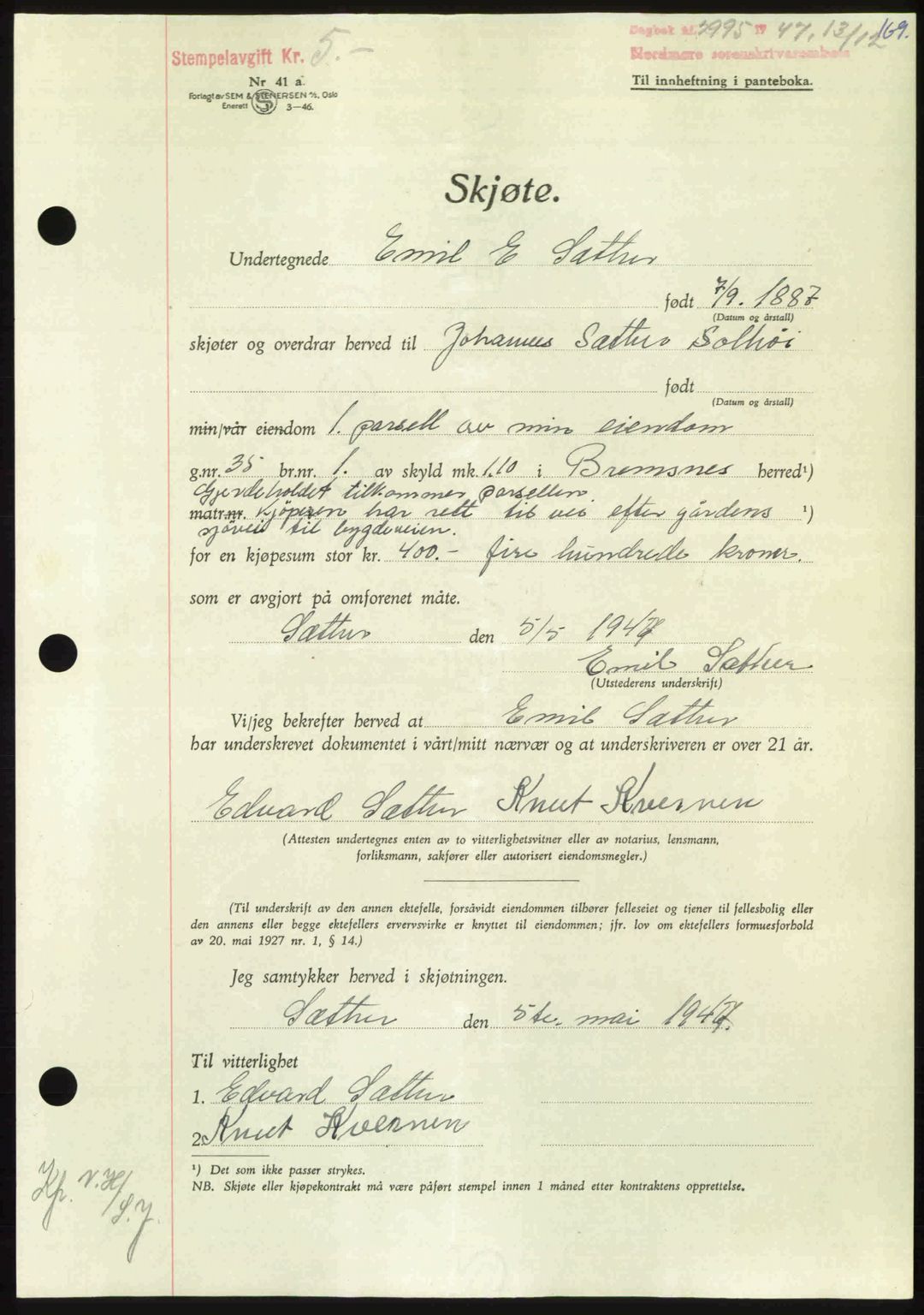 Nordmøre sorenskriveri, SAT/A-4132/1/2/2Ca: Pantebok nr. A107, 1947-1948, Dagboknr: 2995/1947