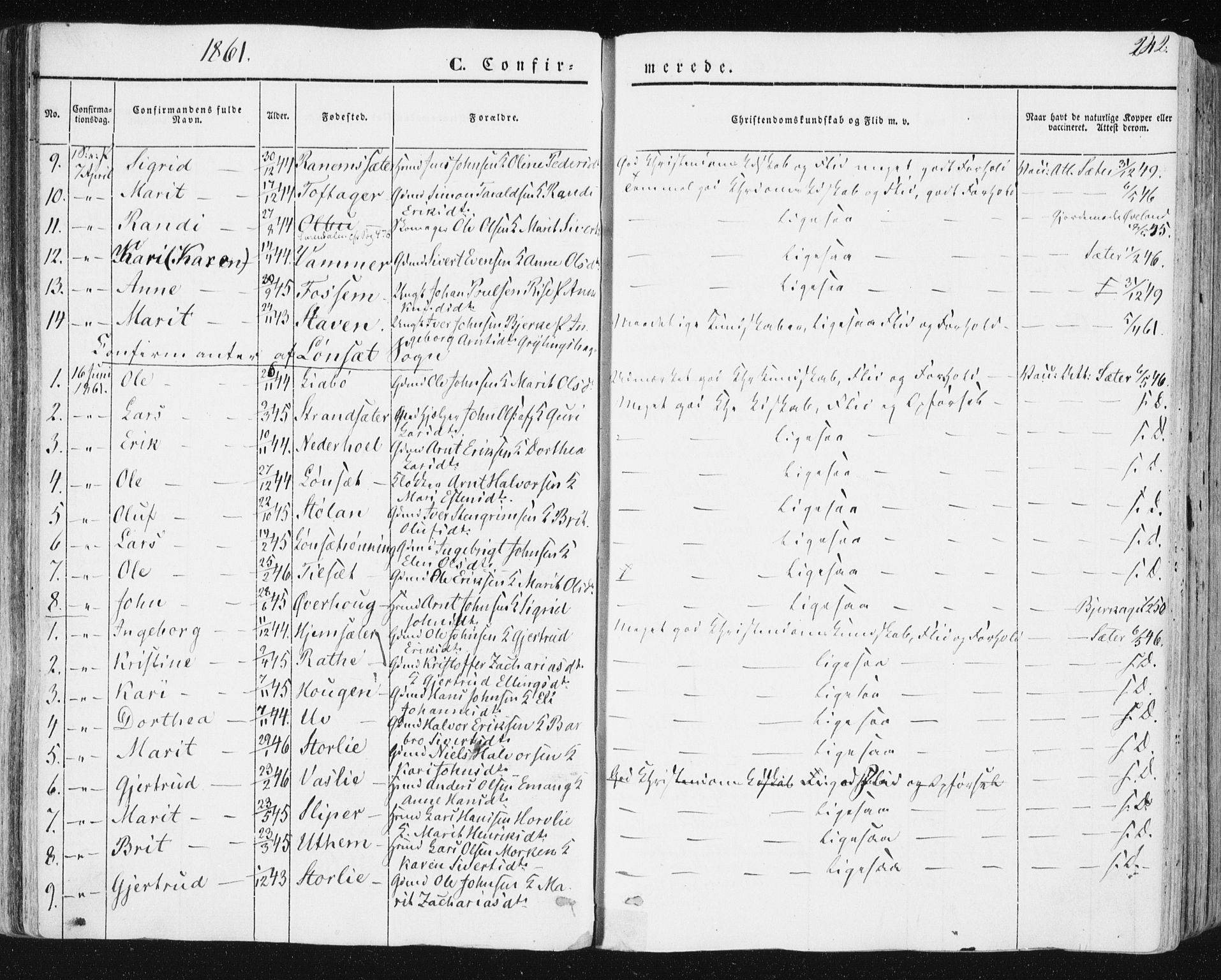 Ministerialprotokoller, klokkerbøker og fødselsregistre - Sør-Trøndelag, AV/SAT-A-1456/678/L0899: Ministerialbok nr. 678A08, 1848-1872, s. 242