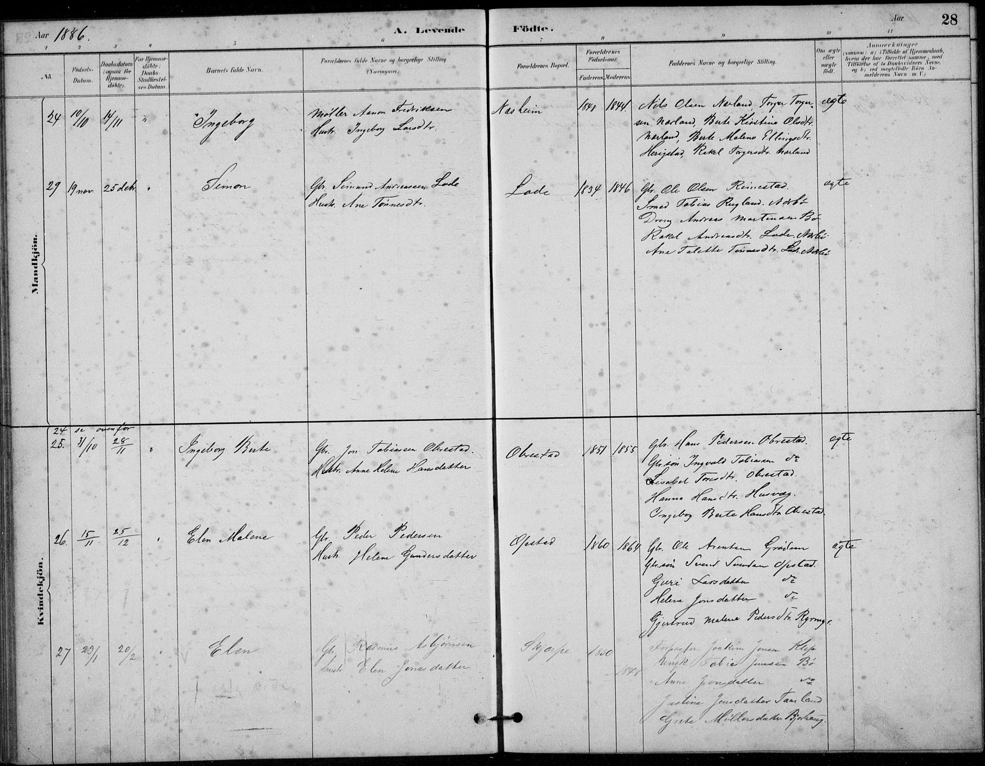 Hå sokneprestkontor, AV/SAST-A-101801/001/30BB/L0003: Klokkerbok nr. B 3, 1883-1894, s. 28