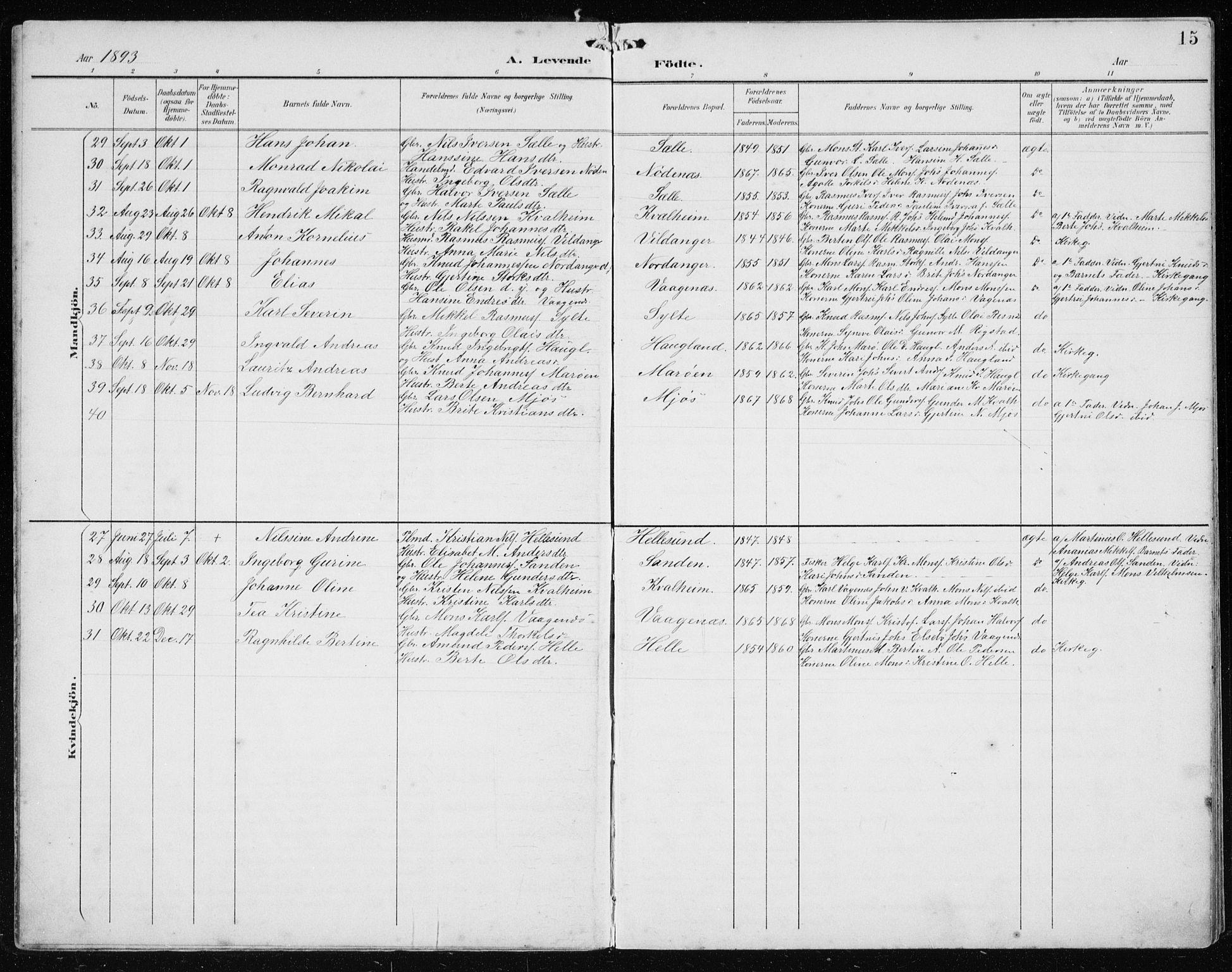Manger sokneprestembete, AV/SAB-A-76801/H/Hab: Klokkerbok nr. B 3, 1891-1907, s. 15