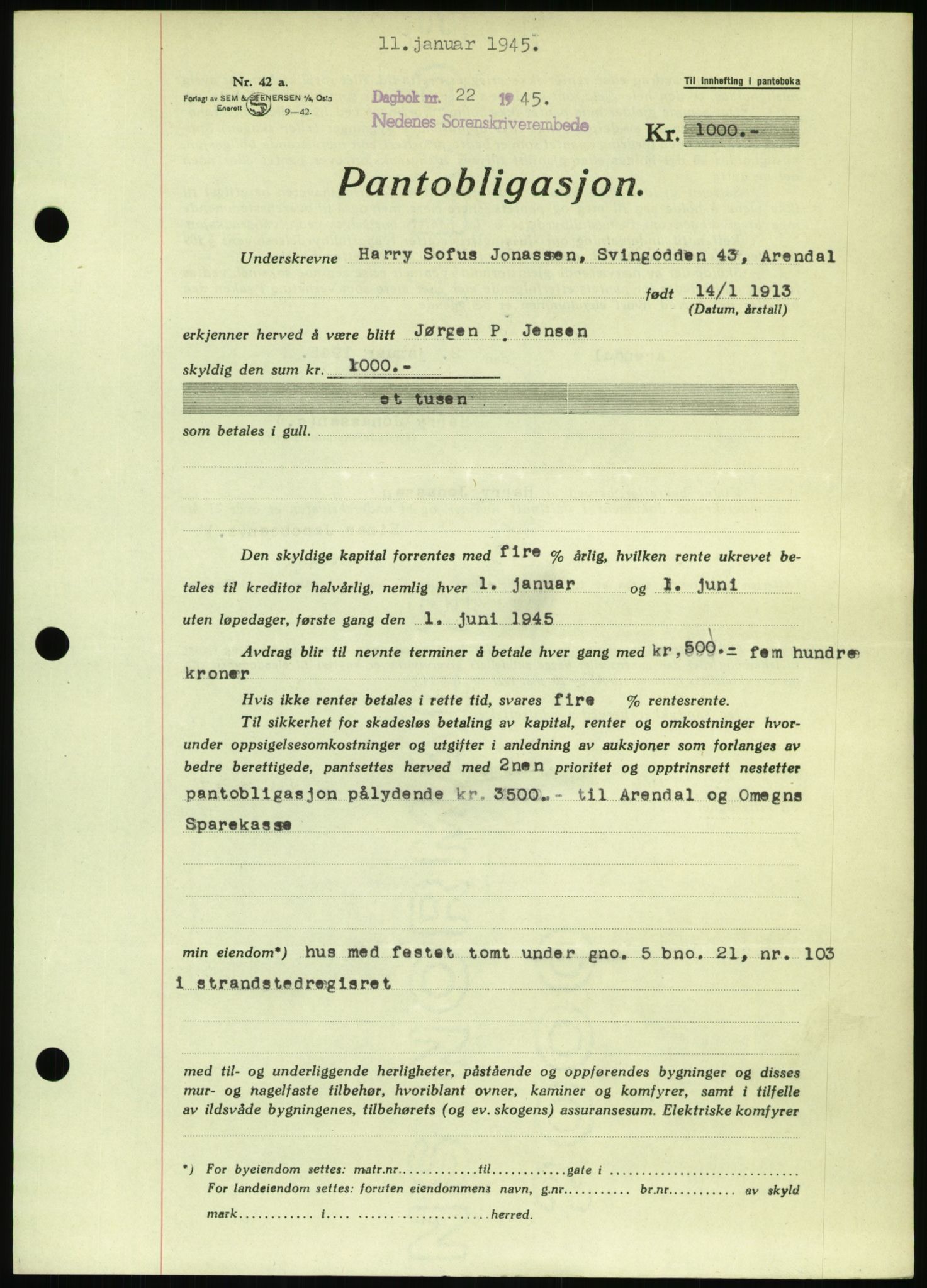Nedenes sorenskriveri, SAK/1221-0006/G/Gb/Gbb/L0002: Pantebok nr. II, 1942-1945, Dagboknr: 22/1945
