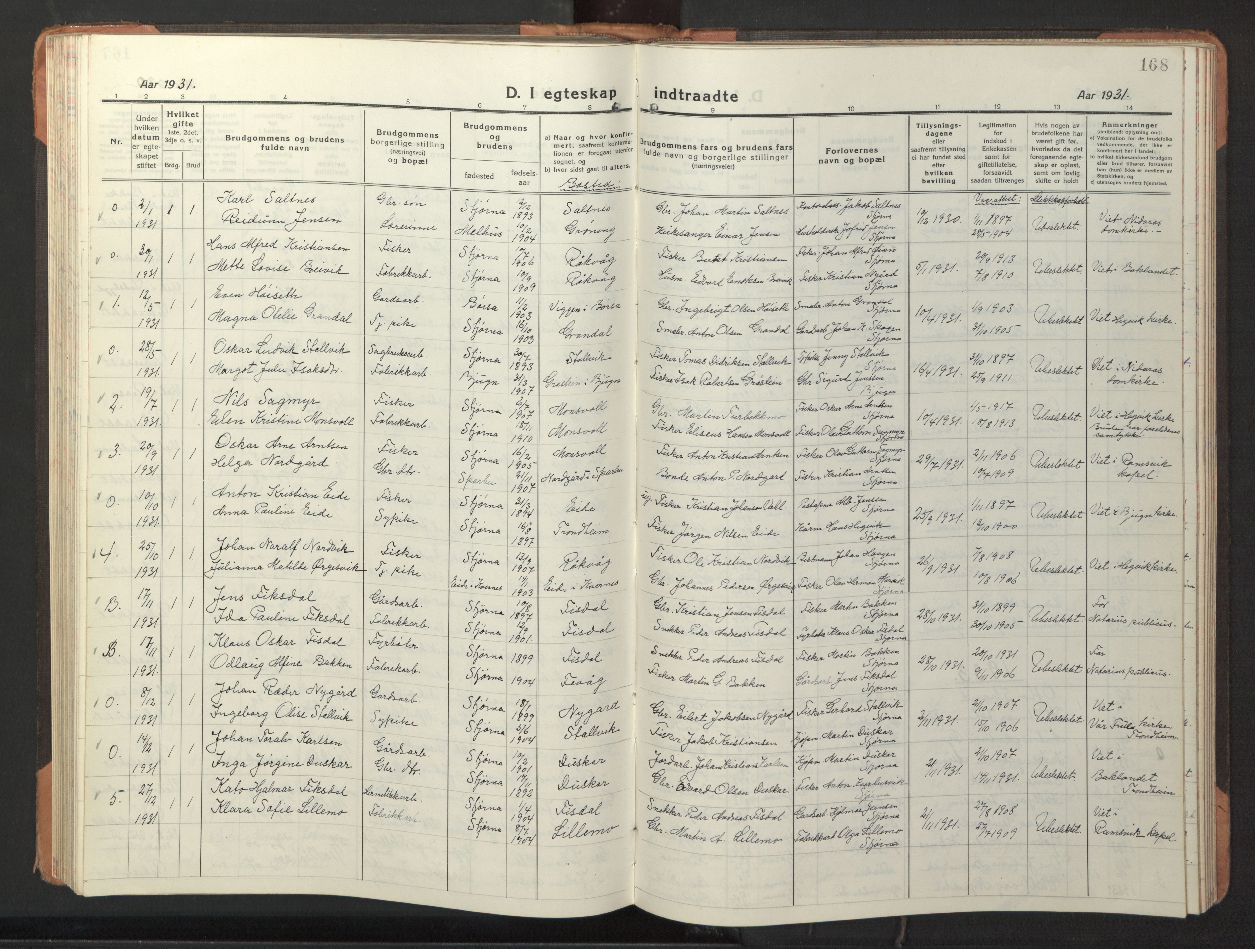 Ministerialprotokoller, klokkerbøker og fødselsregistre - Sør-Trøndelag, AV/SAT-A-1456/653/L0658: Klokkerbok nr. 653C02, 1919-1947, s. 168