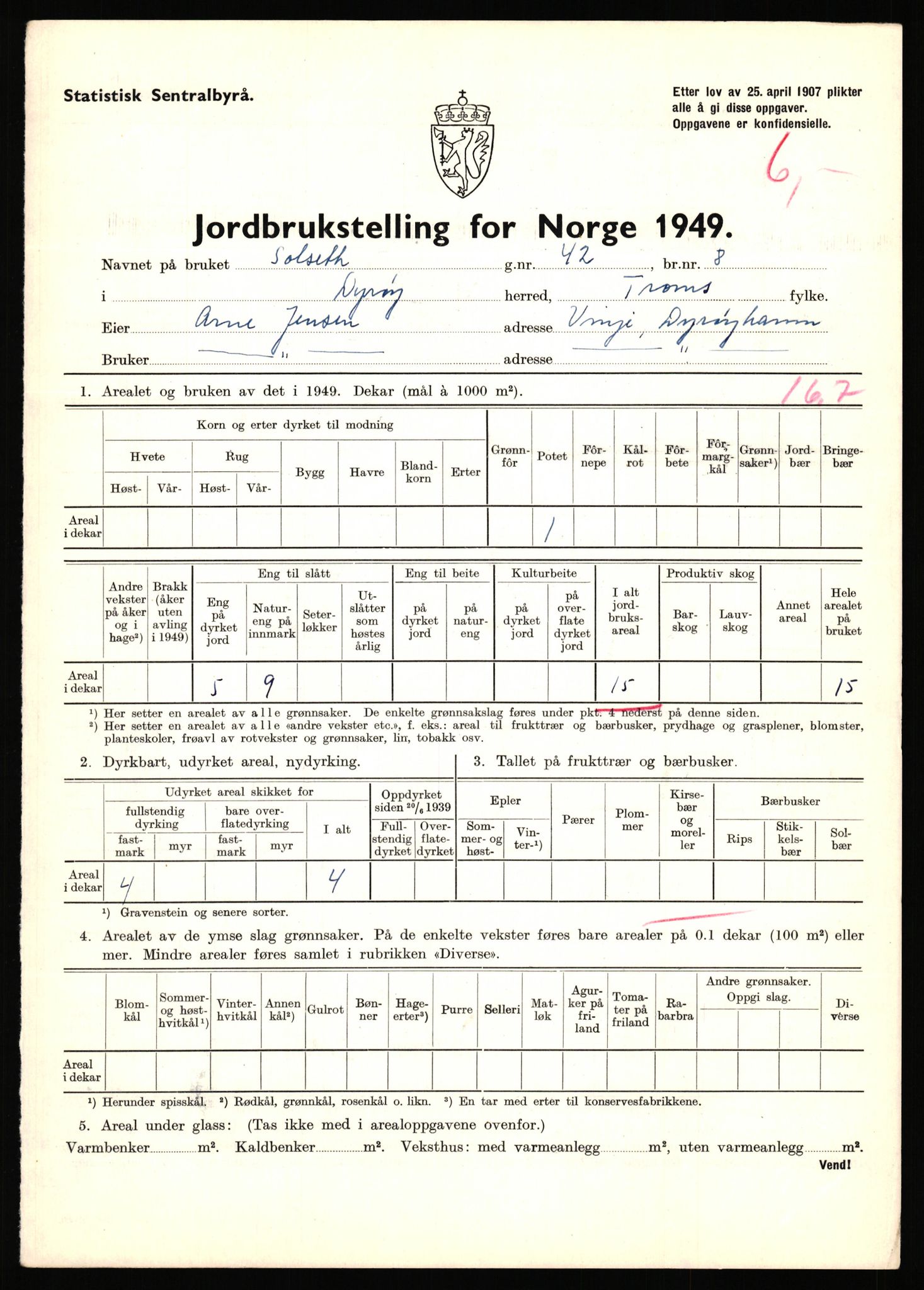 Statistisk sentralbyrå, Næringsøkonomiske emner, Jordbruk, skogbruk, jakt, fiske og fangst, AV/RA-S-2234/G/Gc/L0440: Troms: Sørreisa og Dyrøy, 1949, s. 1015