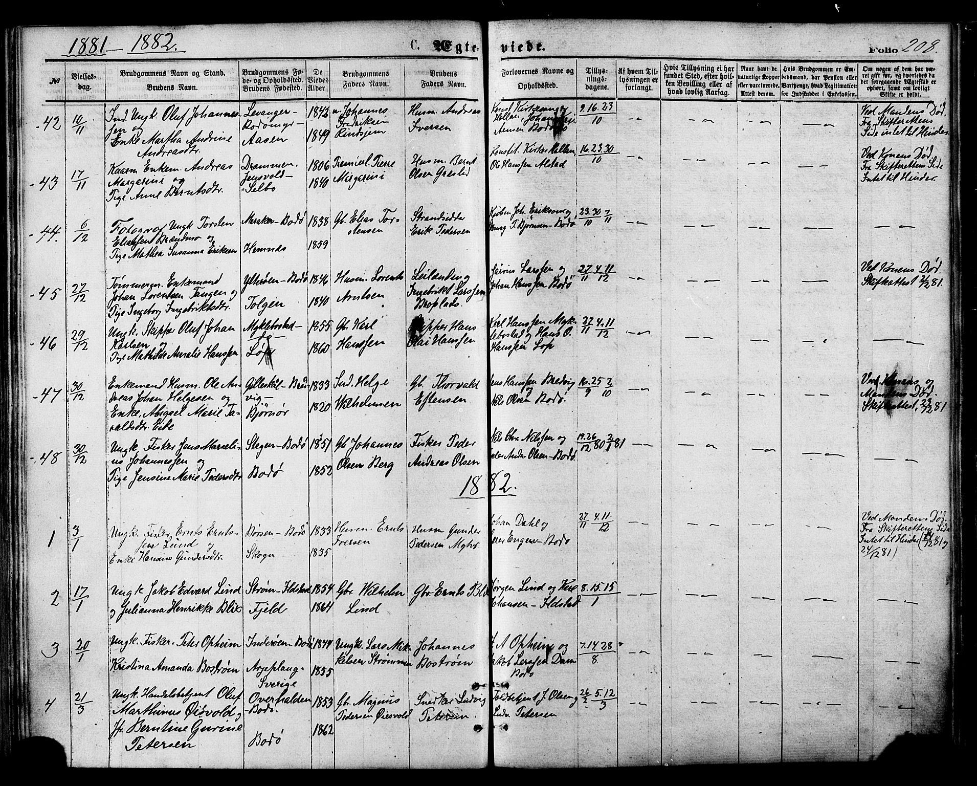 Ministerialprotokoller, klokkerbøker og fødselsregistre - Nordland, AV/SAT-A-1459/801/L0009: Ministerialbok nr. 801A09, 1876-1883, s. 208