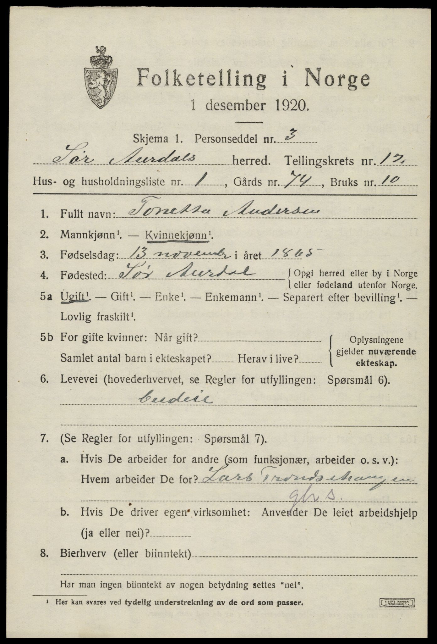 SAH, Folketelling 1920 for 0540 Sør-Aurdal herred, 1920, s. 6673