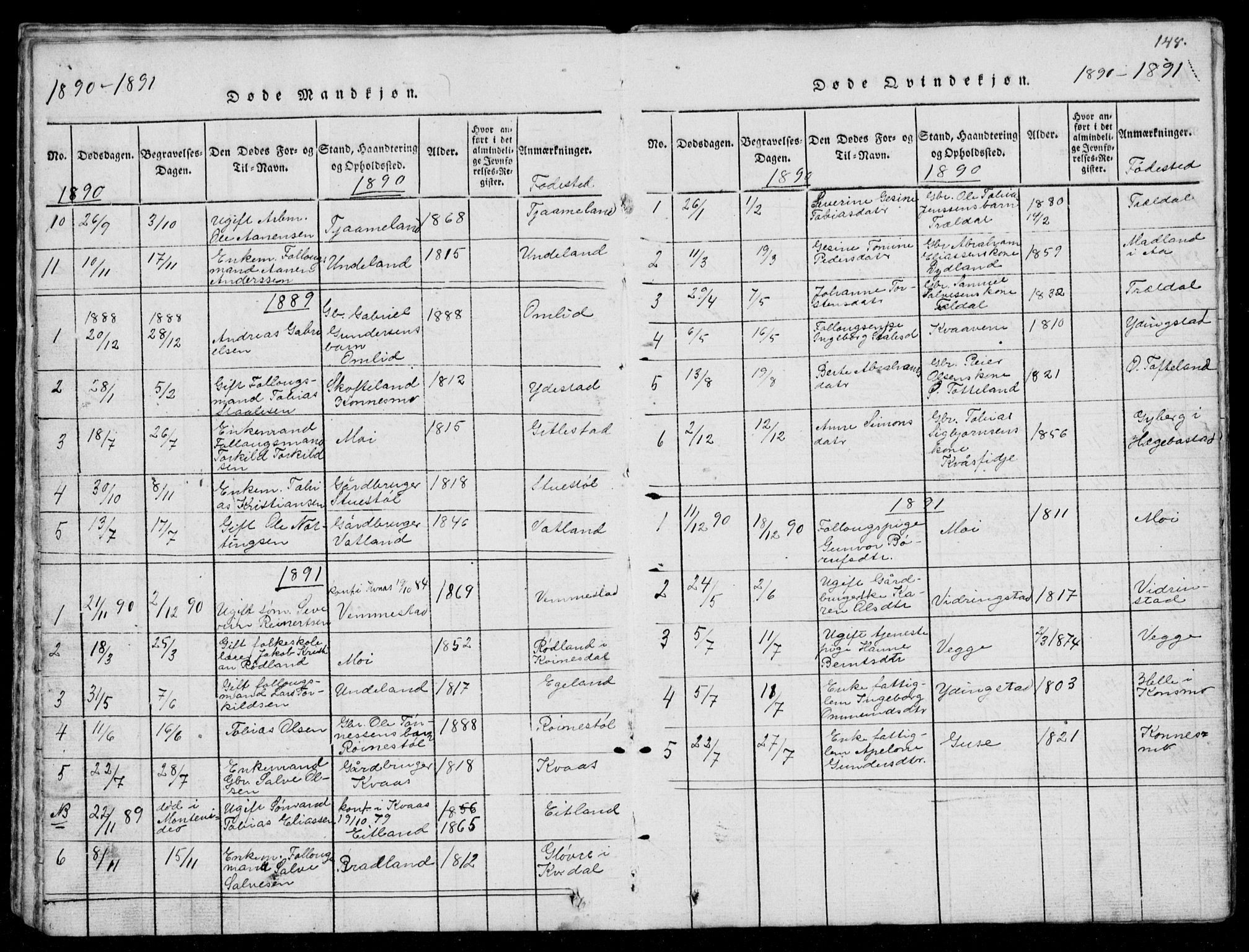 Lyngdal sokneprestkontor, AV/SAK-1111-0029/F/Fb/Fbb/L0001: Klokkerbok nr. B 1, 1816-1900, s. 148