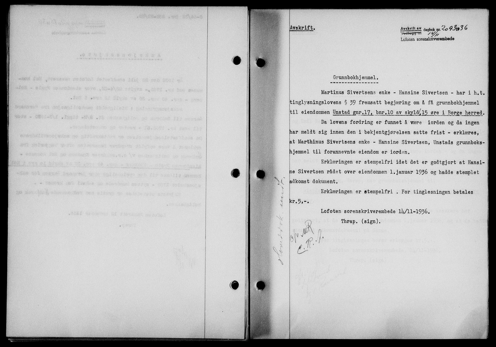 Lofoten sorenskriveri, SAT/A-0017/1/2/2C/L0001a: Pantebok nr. 1a, 1936-1937, Dagboknr: 2093/1936
