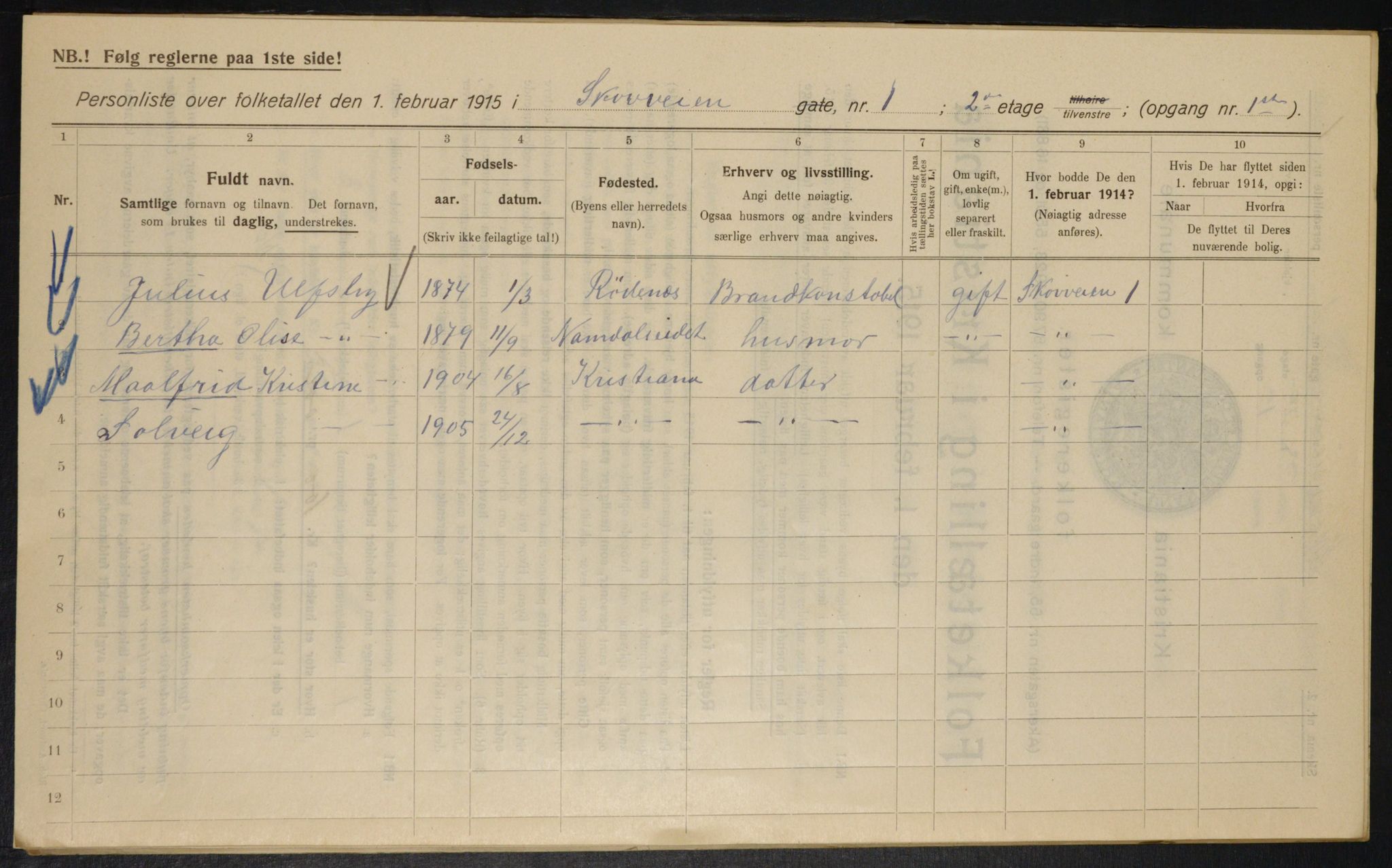 OBA, Kommunal folketelling 1.2.1915 for Kristiania, 1915, s. 96261