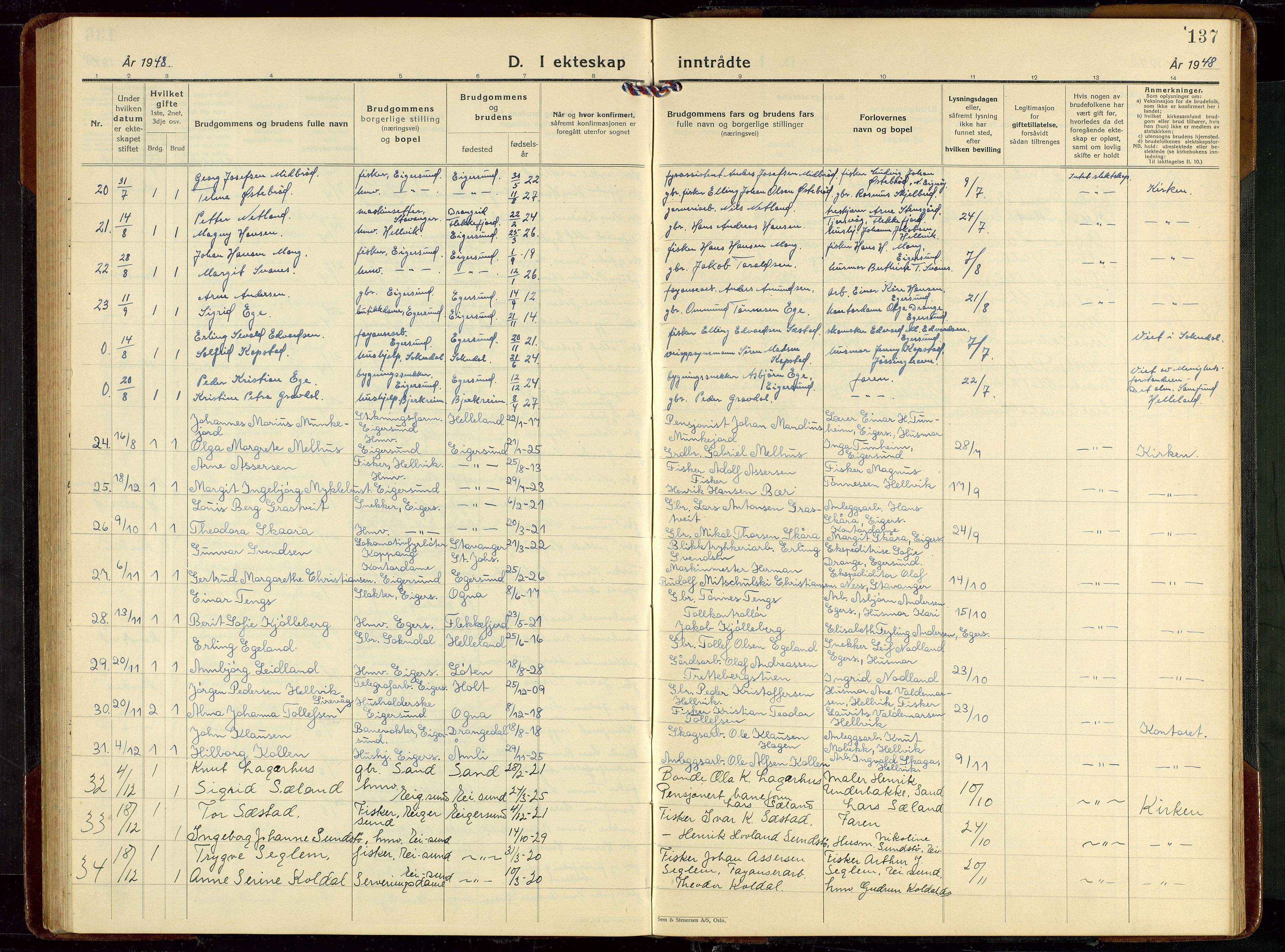 Eigersund sokneprestkontor, AV/SAST-A-101807/S09/L0013: Klokkerbok nr. B 13, 1931-1949, s. 137