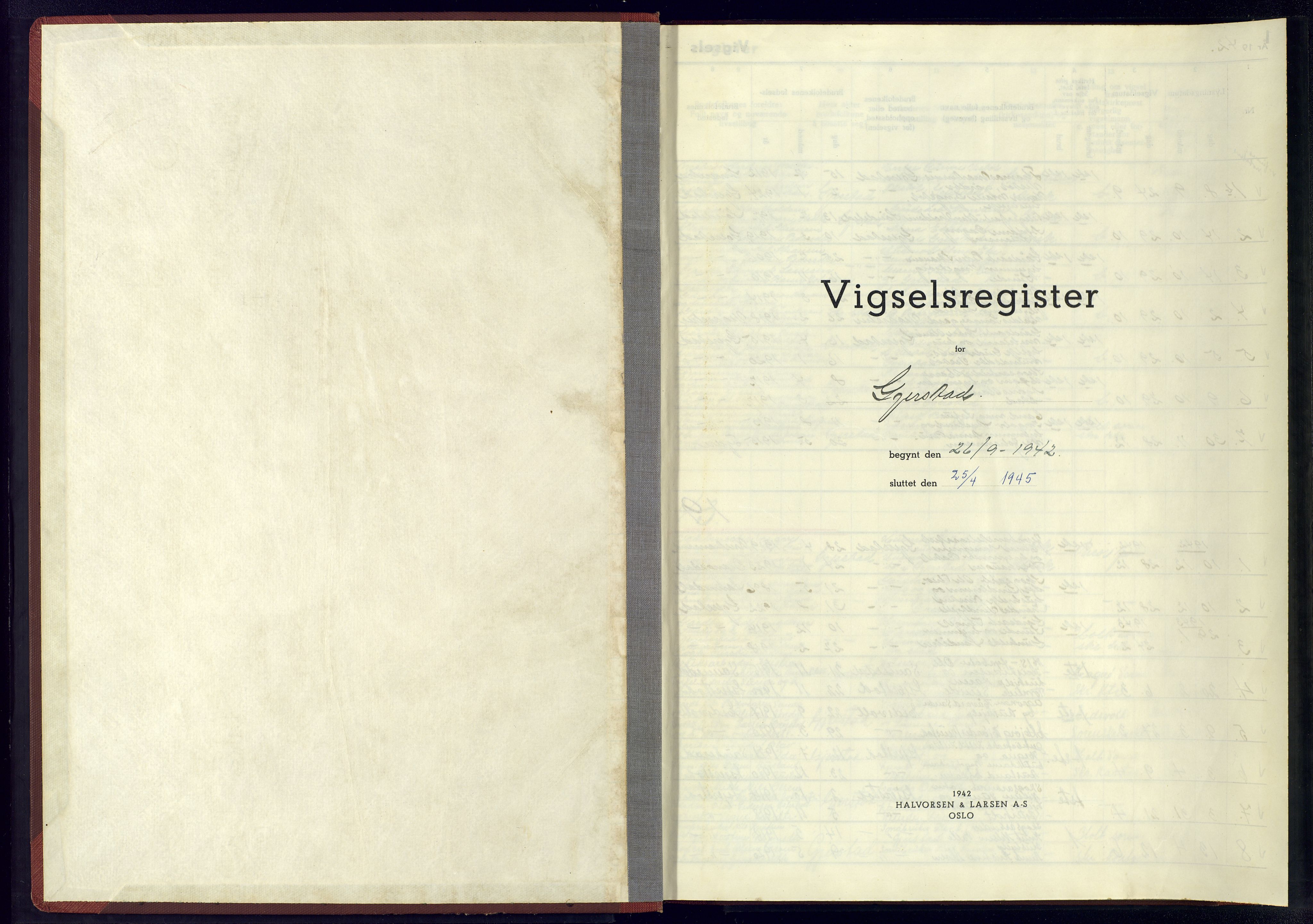 Gjerstad sokneprestkontor, SAK/1111-0014/J/Je/L0003: Vigselsregister nr. A-VI-5, 1942-1945