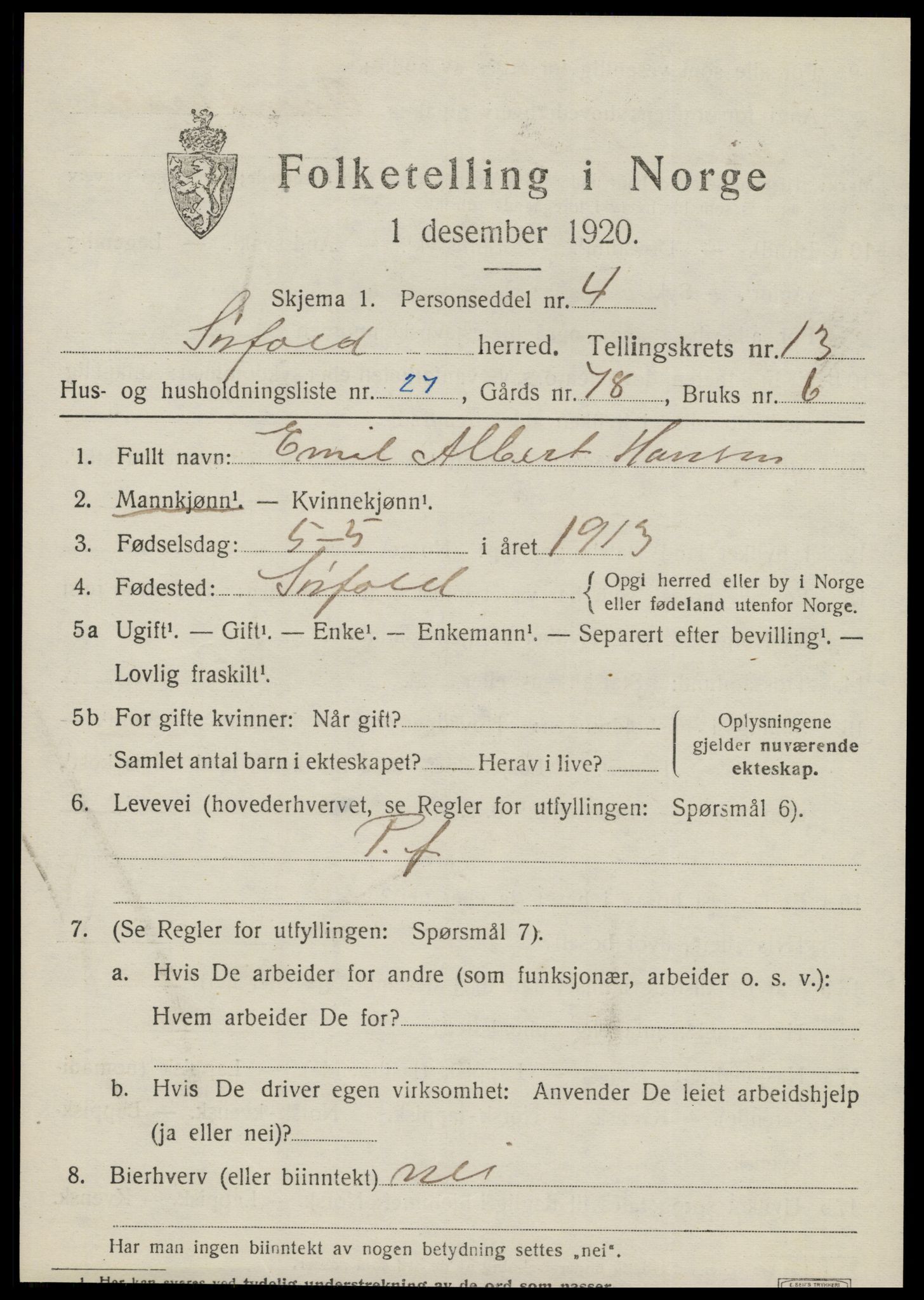SAT, Folketelling 1920 for 1845 Sørfold herred, 1920, s. 6785