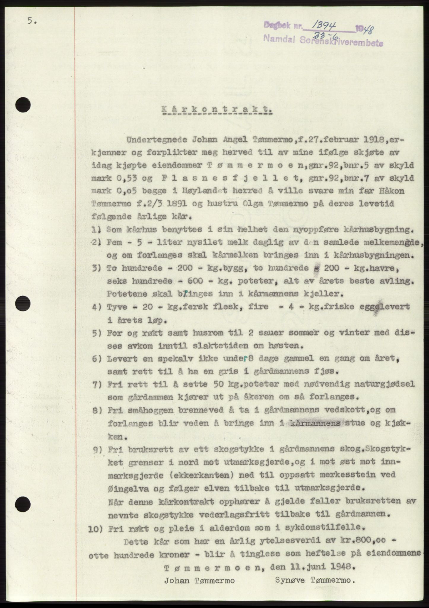 Namdal sorenskriveri, SAT/A-4133/1/2/2C: Pantebok nr. -, 1948-1948, Dagboknr: 1394/1948