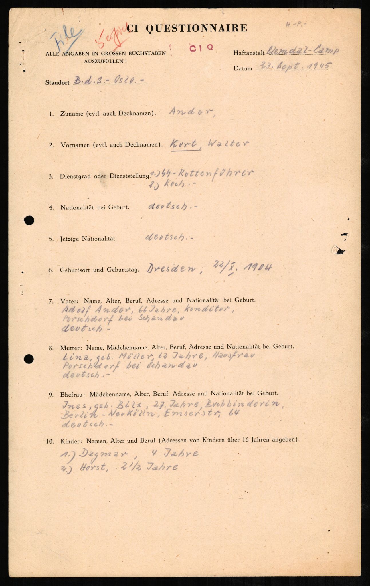 Forsvaret, Forsvarets overkommando II, AV/RA-RAFA-3915/D/Db/L0001: CI Questionaires. Tyske okkupasjonsstyrker i Norge. Tyskere., 1945-1946, s. 207