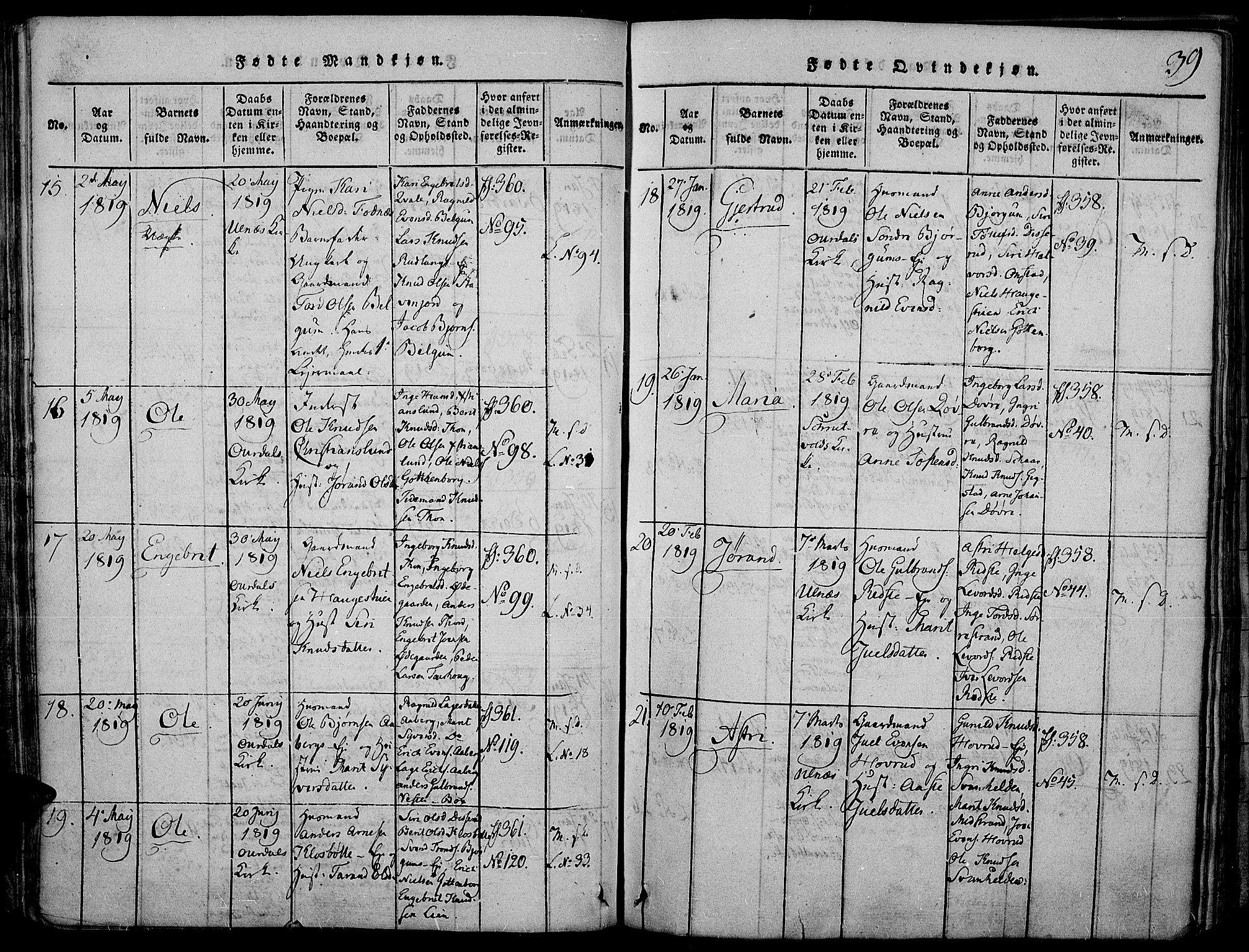 Nord-Aurdal prestekontor, SAH/PREST-132/H/Ha/Haa/L0002: Ministerialbok nr. 2, 1816-1828, s. 39