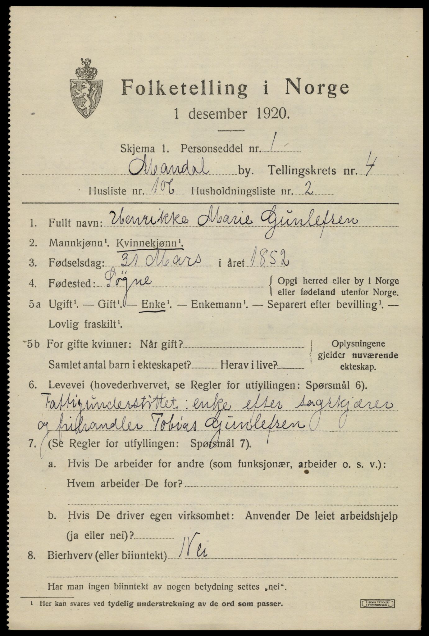 SAK, Folketelling 1920 for 1002 Mandal ladested, 1920, s. 8167