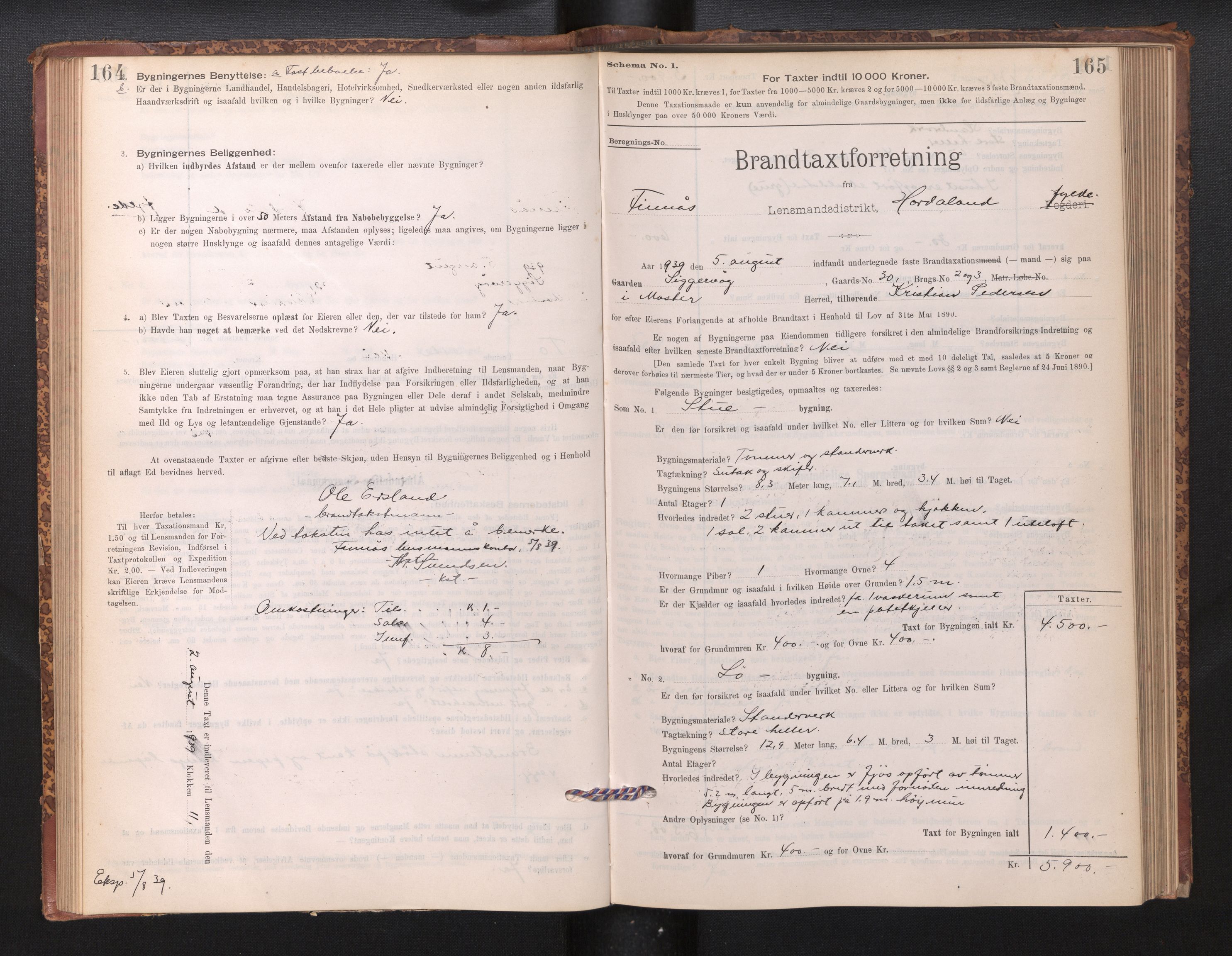 Lensmannen i Finnås, AV/SAB-A-31901/0012/L0002: Branntakstprotokoll, skjematakst, 1894-1954, s. 164-165