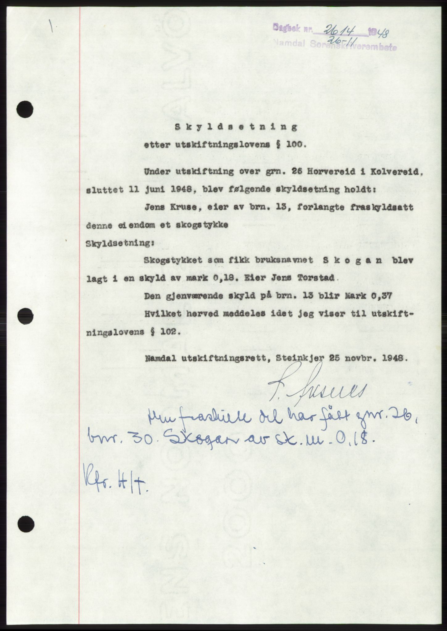 Namdal sorenskriveri, SAT/A-4133/1/2/2C: Pantebok nr. -, 1948-1948, Dagboknr: 2614/1948