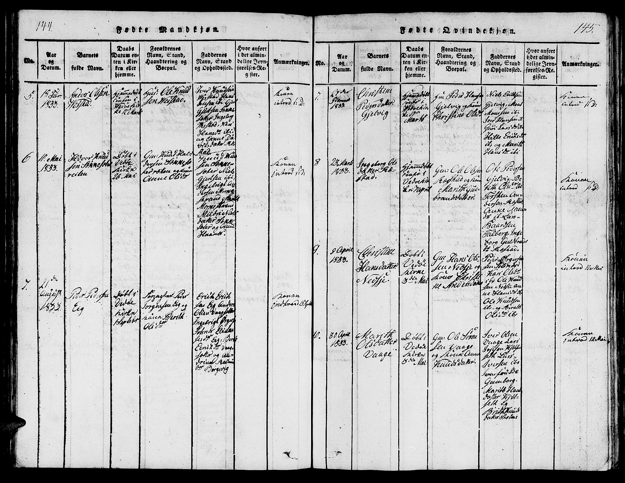 Ministerialprotokoller, klokkerbøker og fødselsregistre - Møre og Romsdal, AV/SAT-A-1454/547/L0610: Klokkerbok nr. 547C01, 1818-1839, s. 144-145