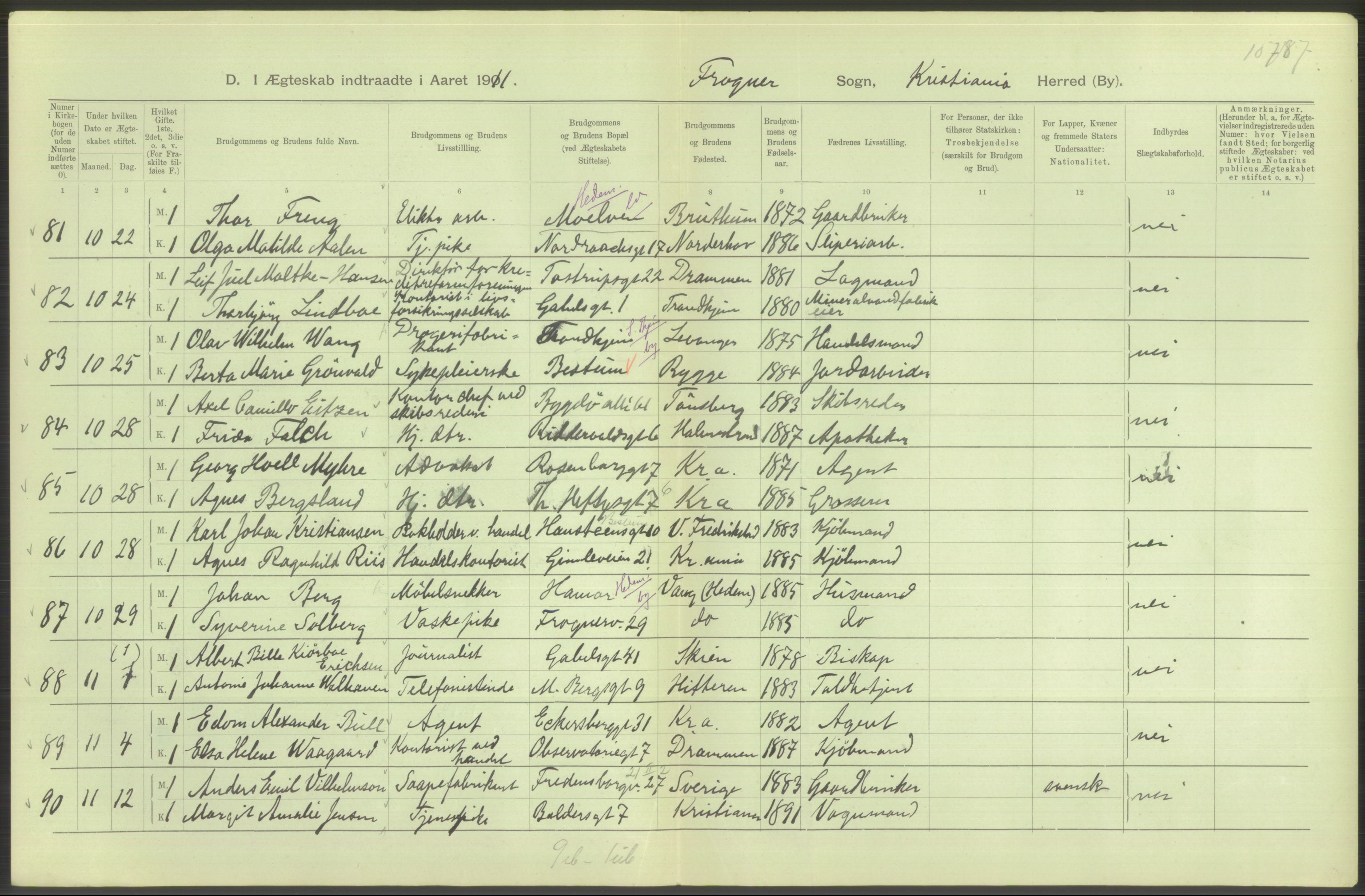 Statistisk sentralbyrå, Sosiodemografiske emner, Befolkning, AV/RA-S-2228/D/Df/Dfb/Dfba/L0008: Kristiania: Gifte, 1911, s. 374