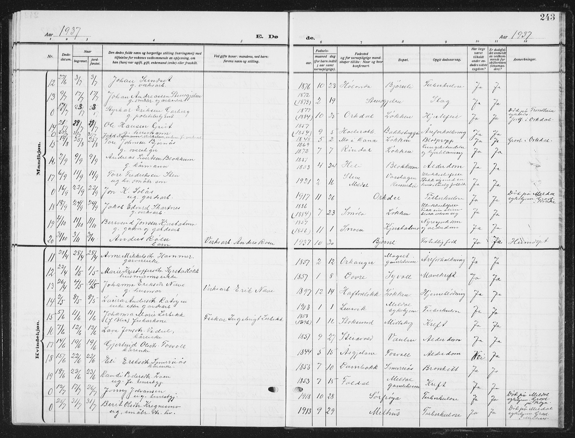Ministerialprotokoller, klokkerbøker og fødselsregistre - Sør-Trøndelag, SAT/A-1456/672/L0866: Klokkerbok nr. 672C05, 1929-1939, s. 243