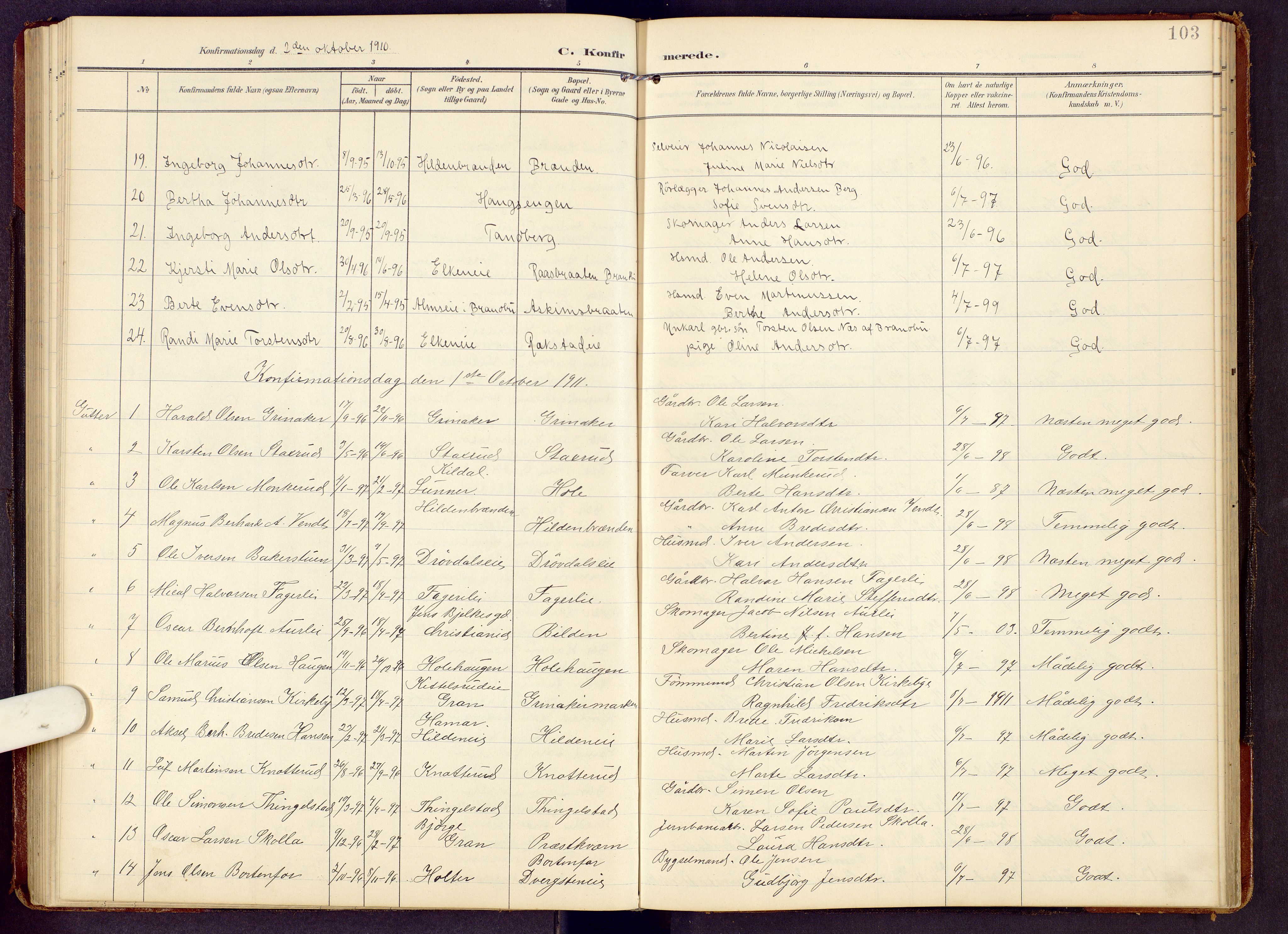 Brandbu prestekontor, AV/SAH-PREST-114/H/Ha/Hab/L0009: Klokkerbok nr. 9, 1903-1916, s. 103