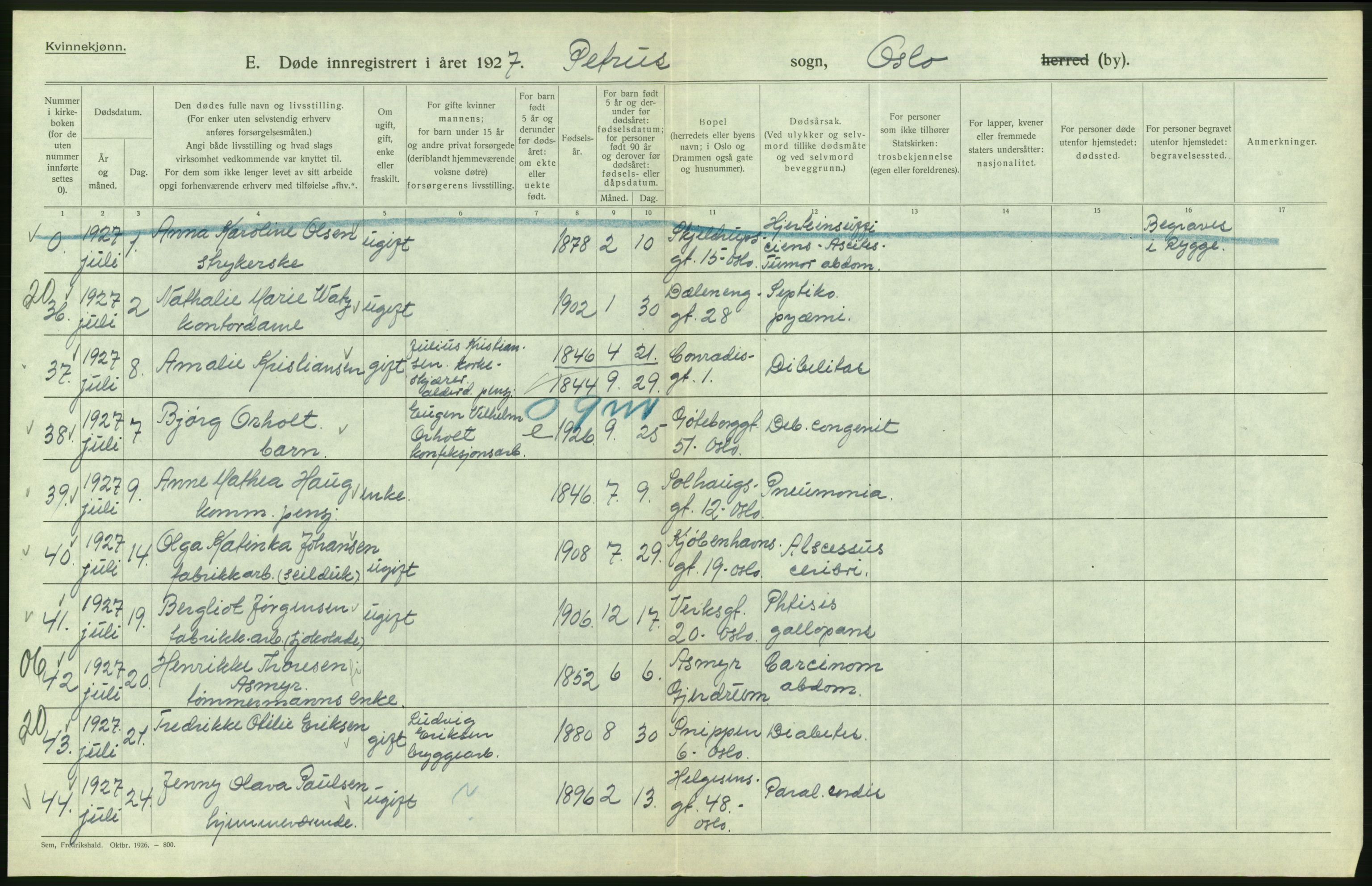 Statistisk sentralbyrå, Sosiodemografiske emner, Befolkning, AV/RA-S-2228/D/Df/Dfc/Dfcg/L0010: Oslo: Døde kvinner, dødfødte, 1927, s. 416