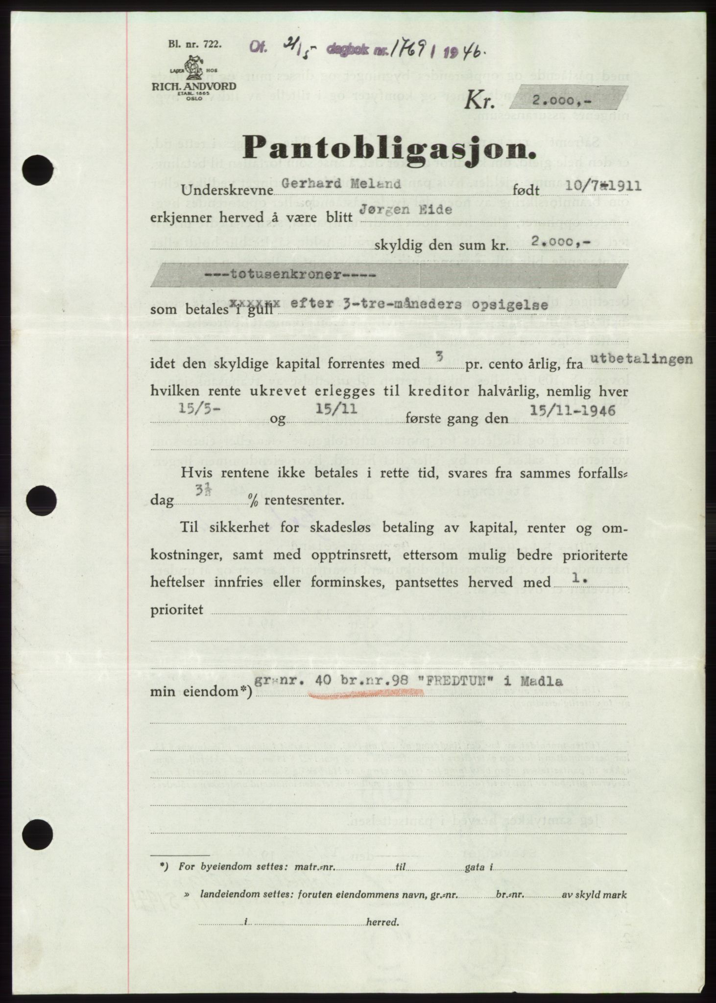 Jæren sorenskriveri, SAST/A-100310/03/G/Gba/L0090: Pantebok, 1946-1946, Dagboknr: 1769/1946
