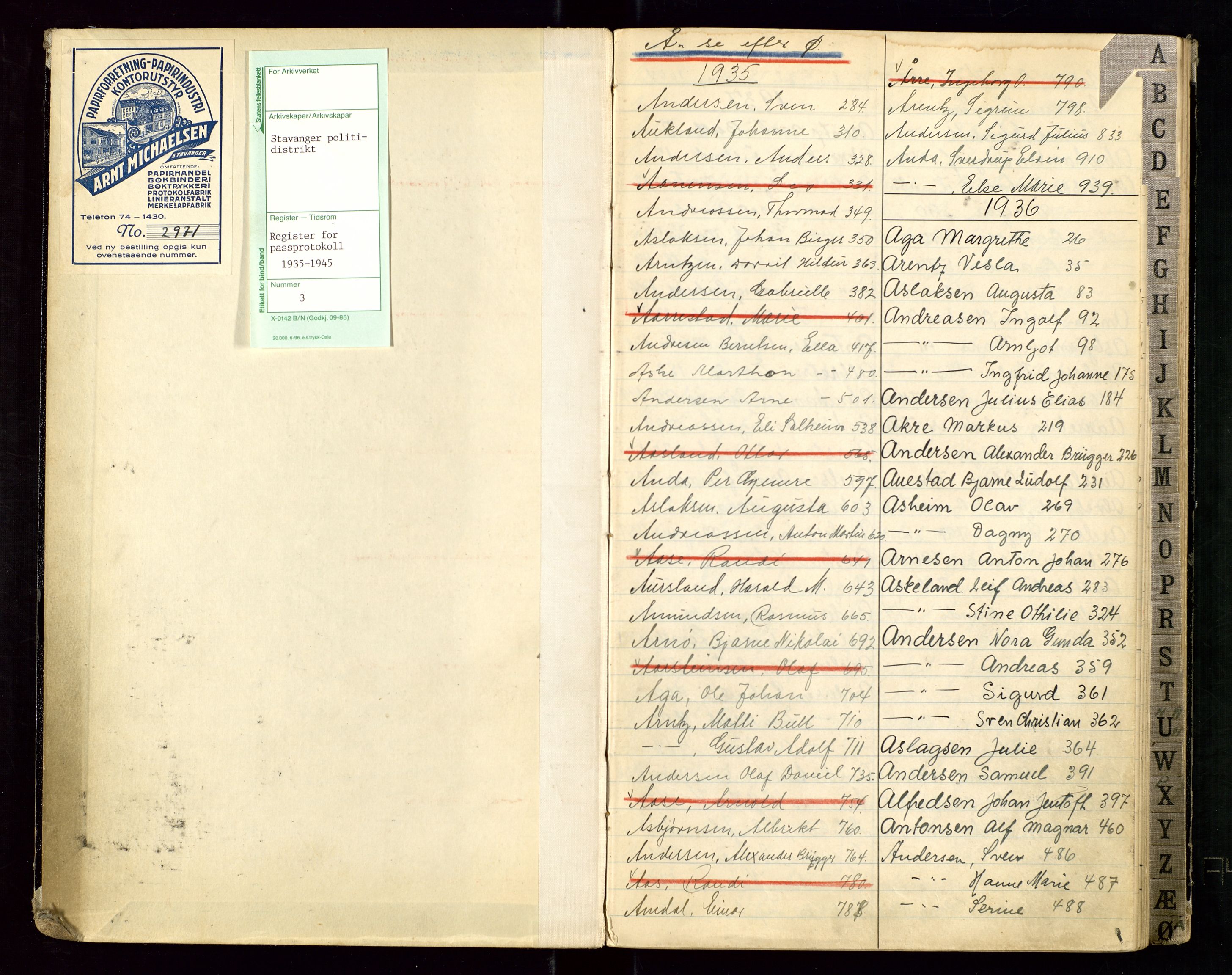 Stavanger politikammer, SAST/A-100361/001/H/Hc/Hcd/Hcda/L0001: "Register for Passprotokoll", 1935-1945, s. 3