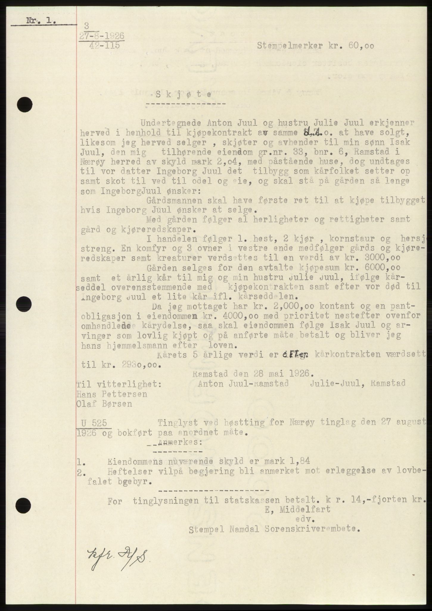 Namdal sorenskriveri, SAT/A-4133/1/2/2C: Pantebok nr. -, 1926-1930, Tingl.dato: 27.08.1926