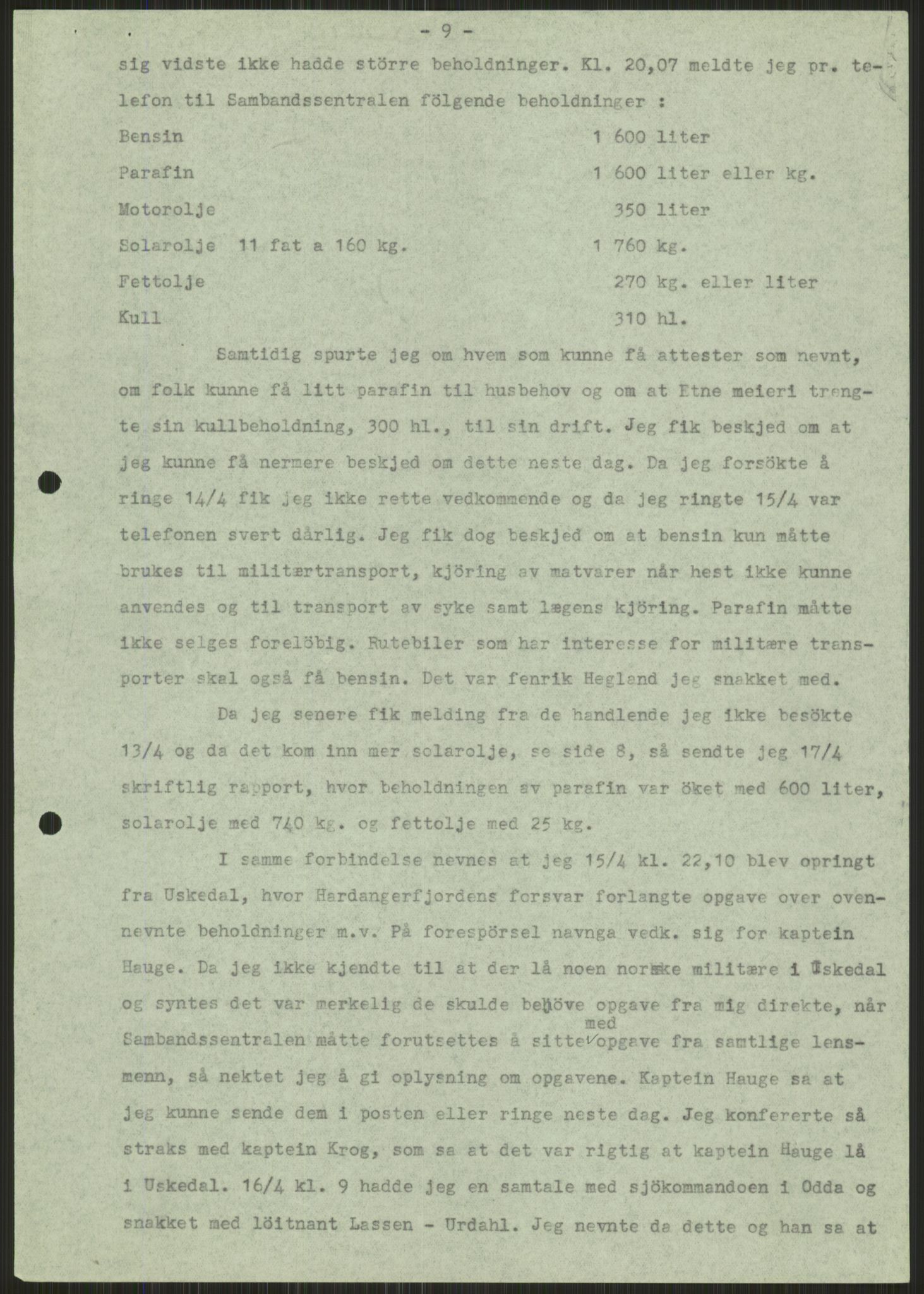 Forsvaret, Forsvarets krigshistoriske avdeling, AV/RA-RAFA-2017/Y/Ya/L0015: II-C-11-31 - Fylkesmenn.  Rapporter om krigsbegivenhetene 1940., 1940, s. 259