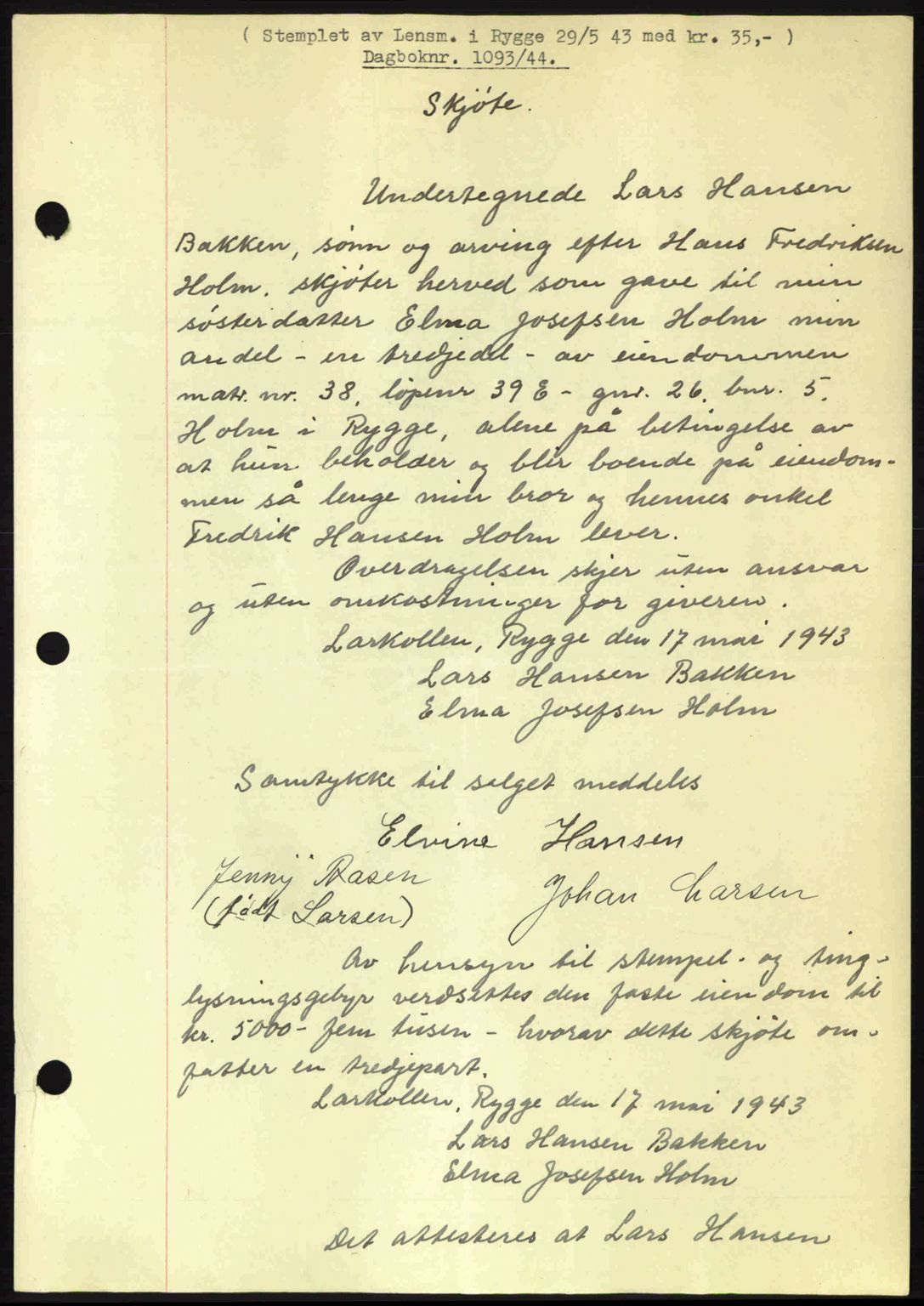 Moss sorenskriveri, SAO/A-10168: Pantebok nr. A12, 1943-1944, Dagboknr: 1093/1944
