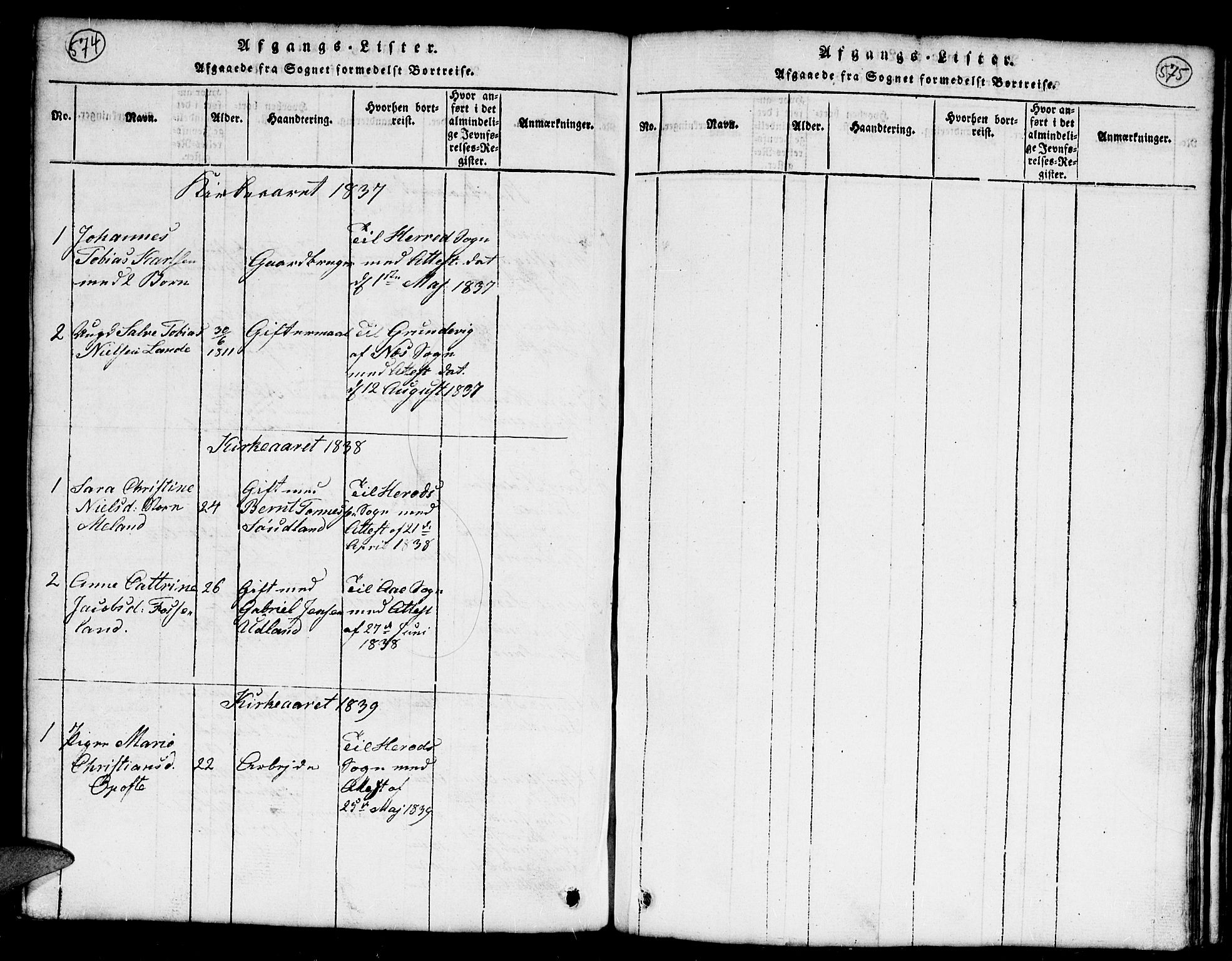 Kvinesdal sokneprestkontor, AV/SAK-1111-0026/F/Fb/Fba/L0001: Klokkerbok nr. B 1, 1815-1839, s. 574-575