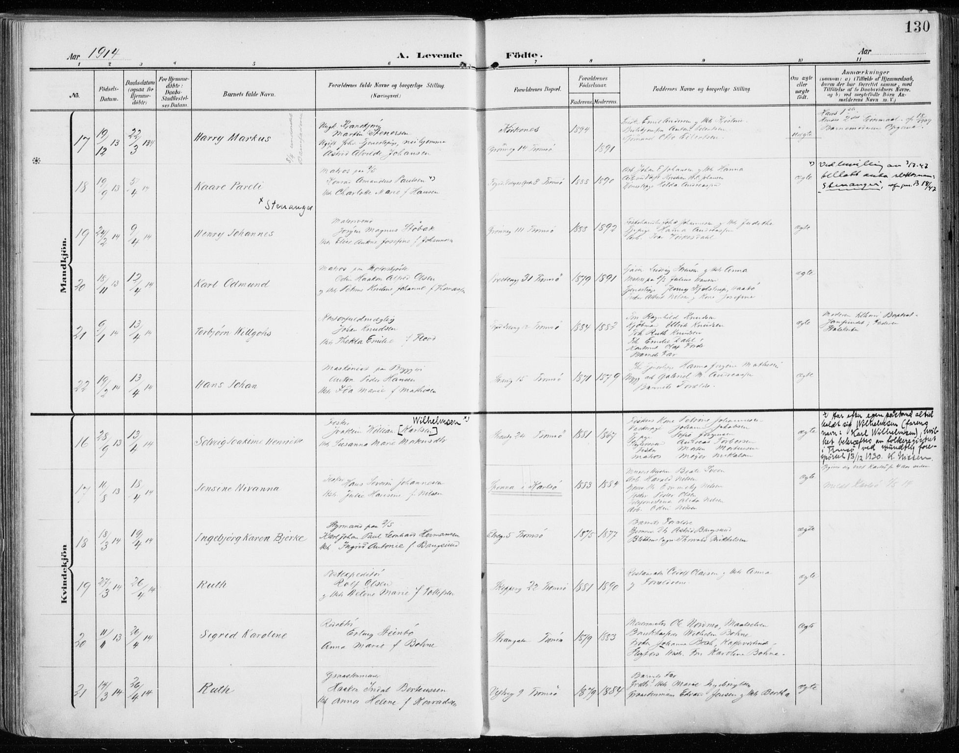 Tromsø sokneprestkontor/stiftsprosti/domprosti, SATØ/S-1343/G/Ga/L0017kirke: Ministerialbok nr. 17, 1907-1917, s. 130