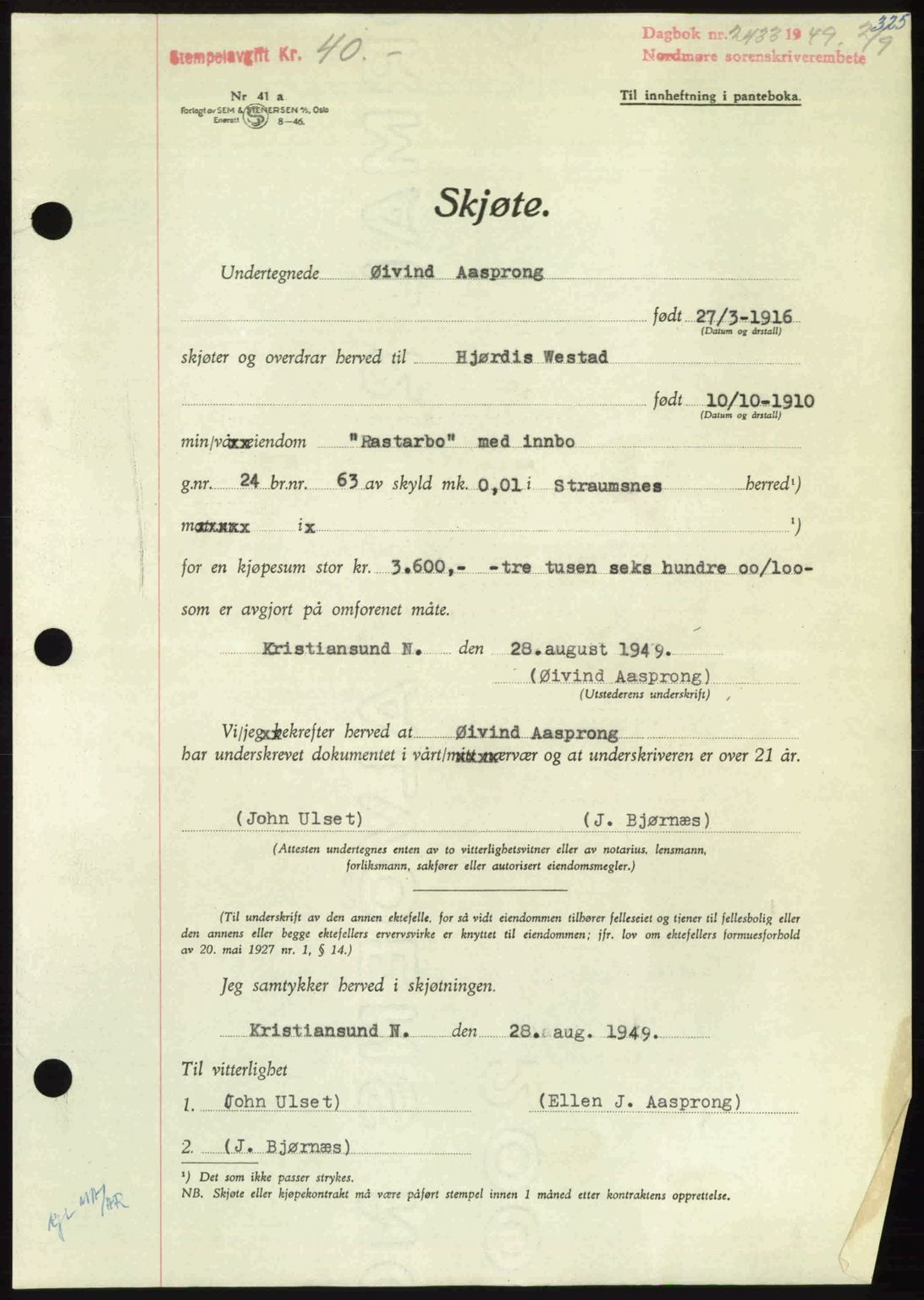 Nordmøre sorenskriveri, SAT/A-4132/1/2/2Ca: Pantebok nr. A112, 1949-1949, Dagboknr: 2433/1949