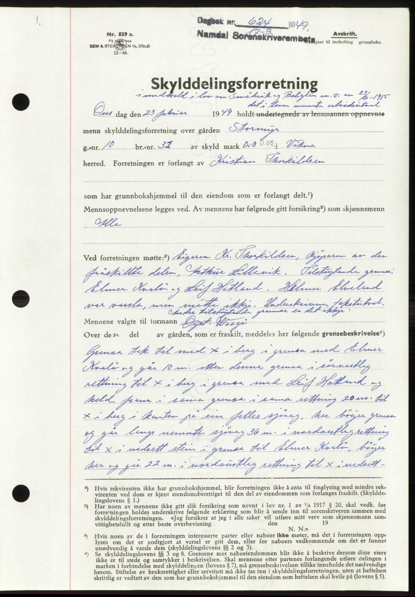 Namdal sorenskriveri, SAT/A-4133/1/2/2C: Pantebok nr. -, 1949-1949, Dagboknr: 624/1949